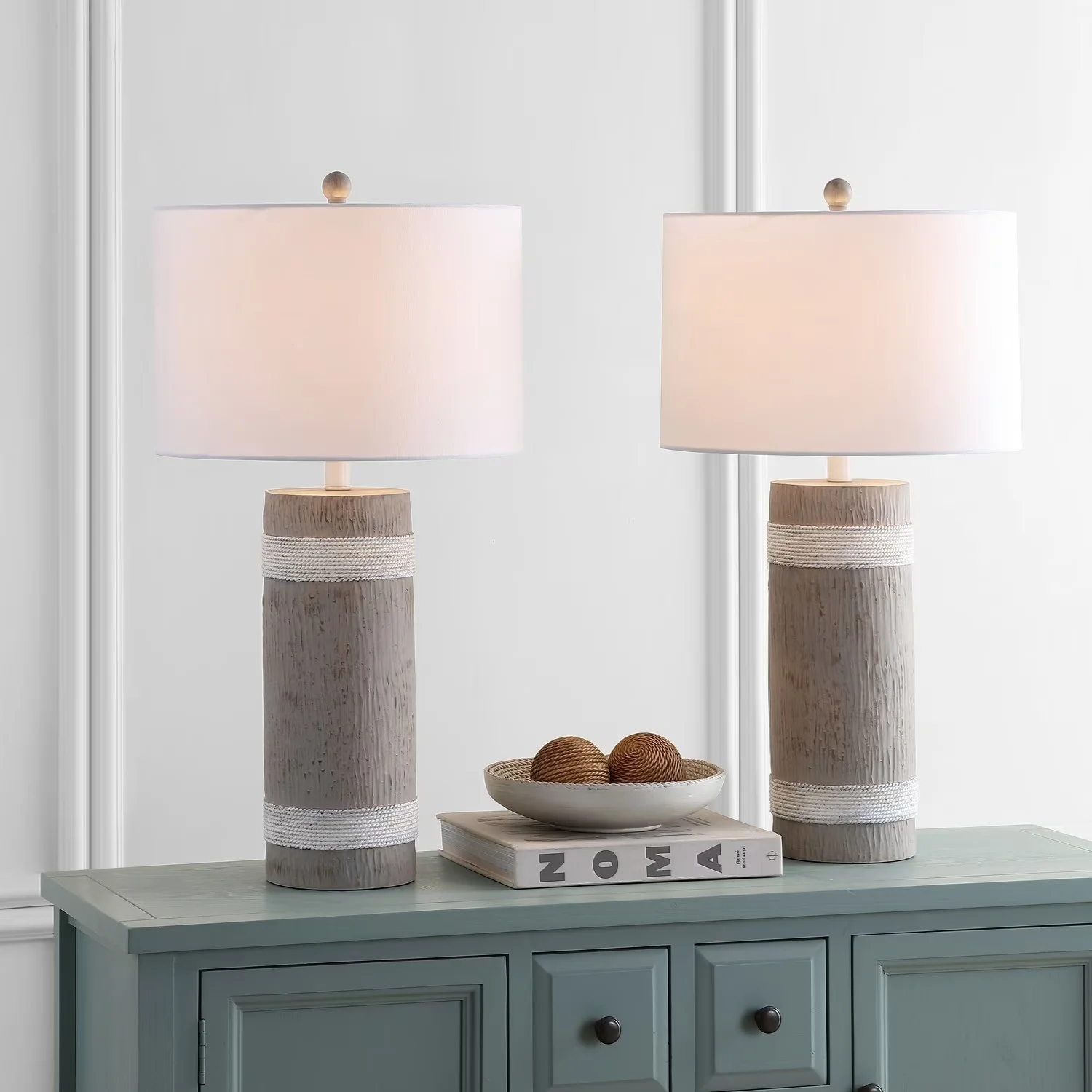 Lamp Set Durable with LED, Farmhouse, Brixton Antique 28.5 in. H Table - Brown, White Faux Wood Model 7F0C21