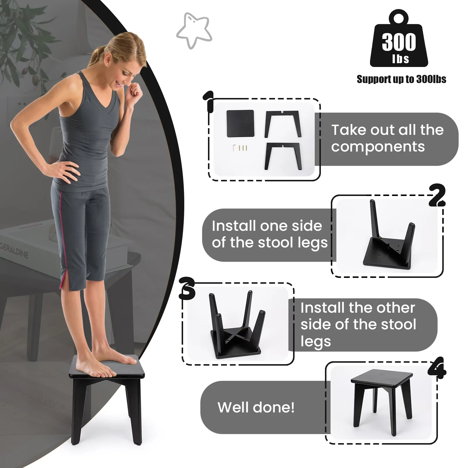 Essential Ladders And Step Stool with Non-Marring Feet, Anti-Slip - Bamboo Black for Bathroom, Kitchen Model 591C4A