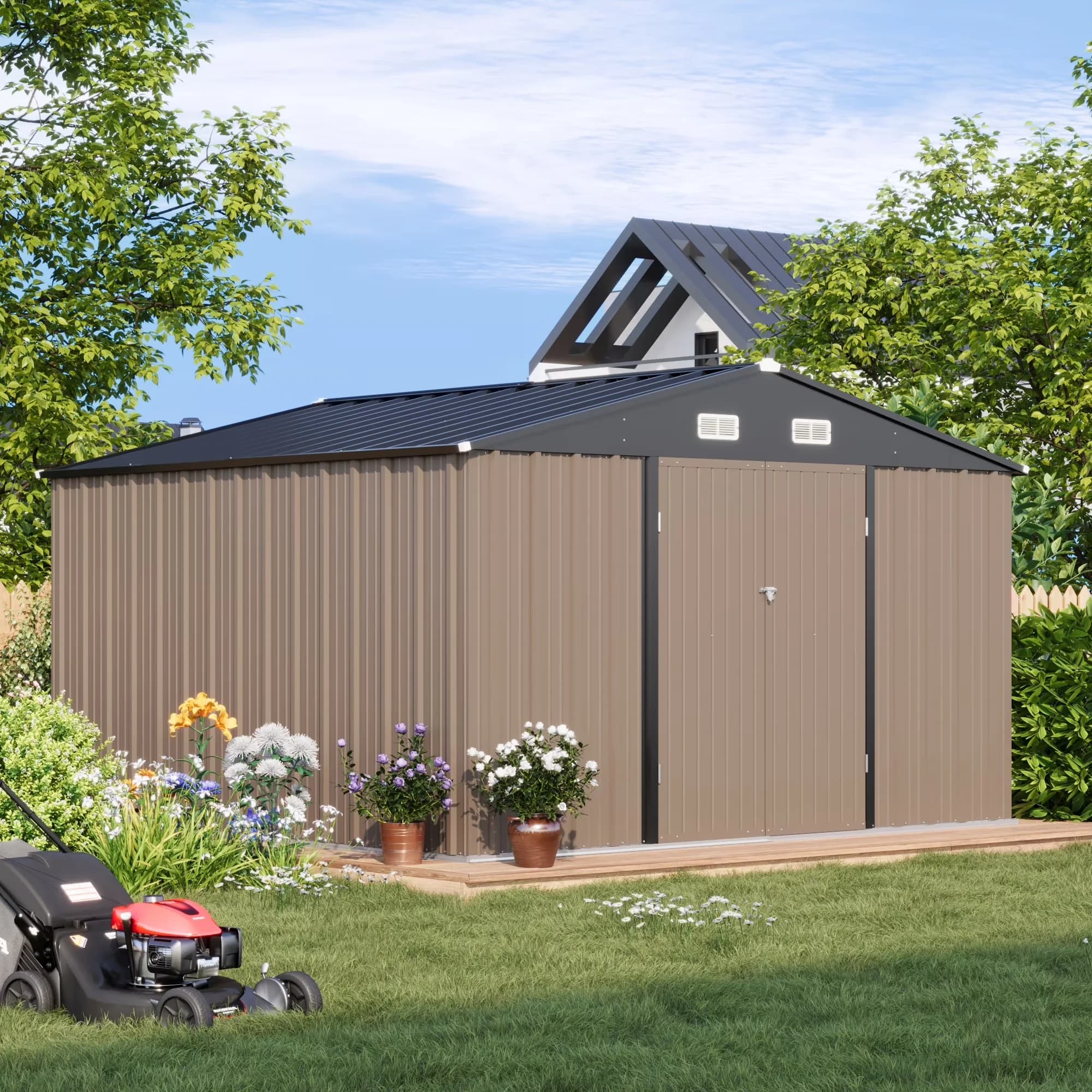 Shed Quality with Waterproof, Sloping Roof and Double Lockable Door, Brown - Brown Steel Model BE1435