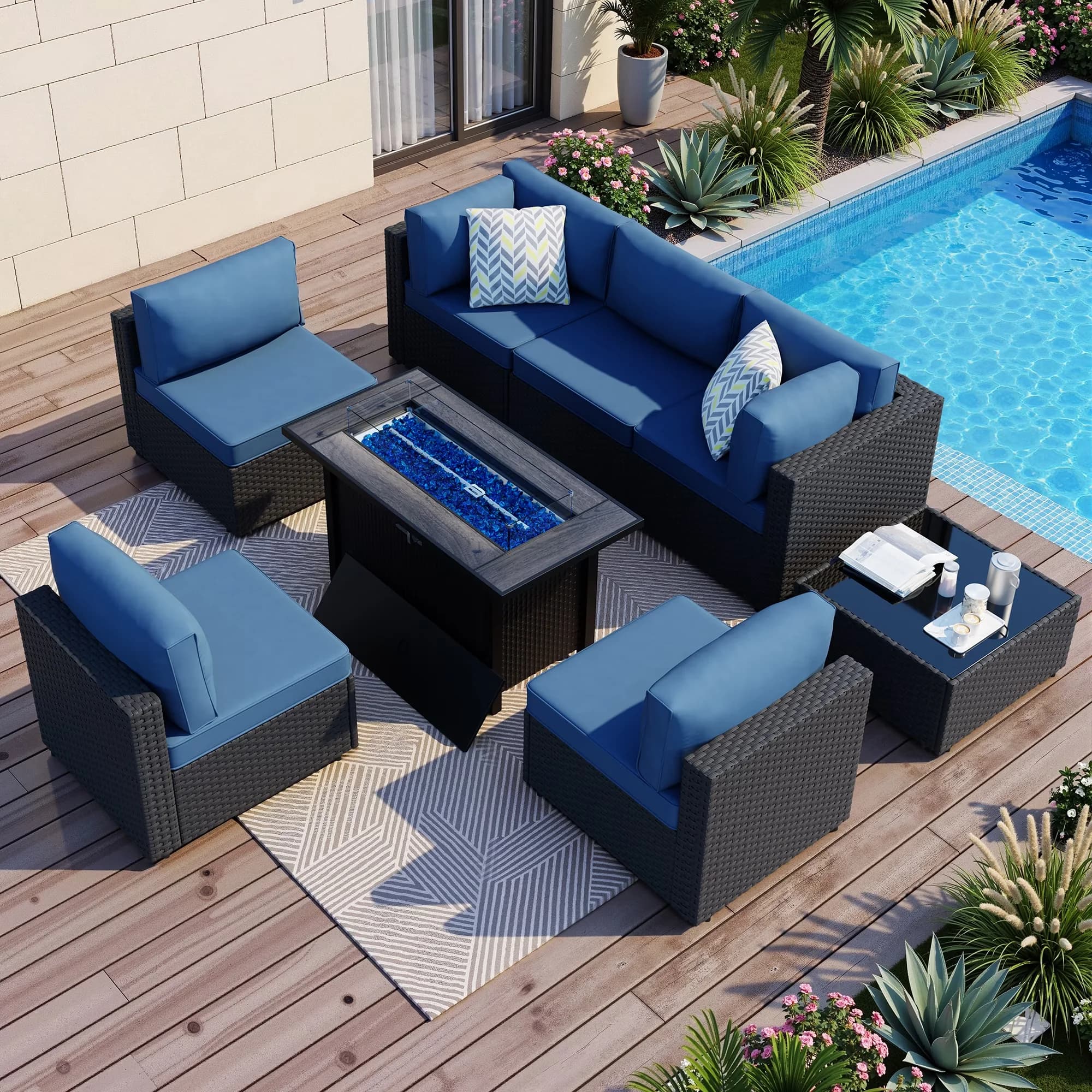 Essential Outdoor Sofas Sectional with Modern, Sofa, Black Rattan Blue Cushion - Pe Rattan, Wicker, Polyester Fabric, Metal Model 632970