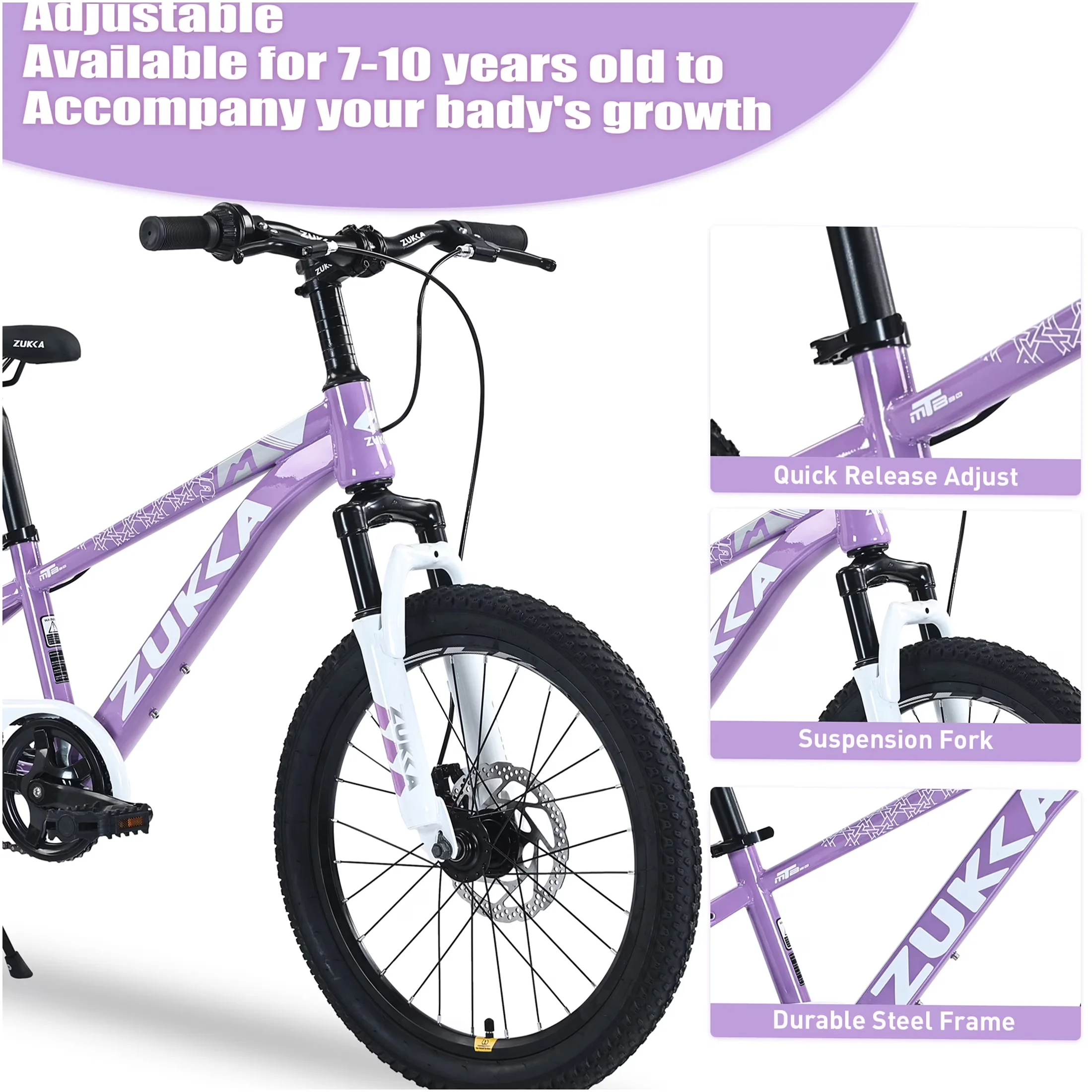 Compact Mountain Bike with Adjustable Handlebar Height, 20 inch Kids - Purple Model E380B1