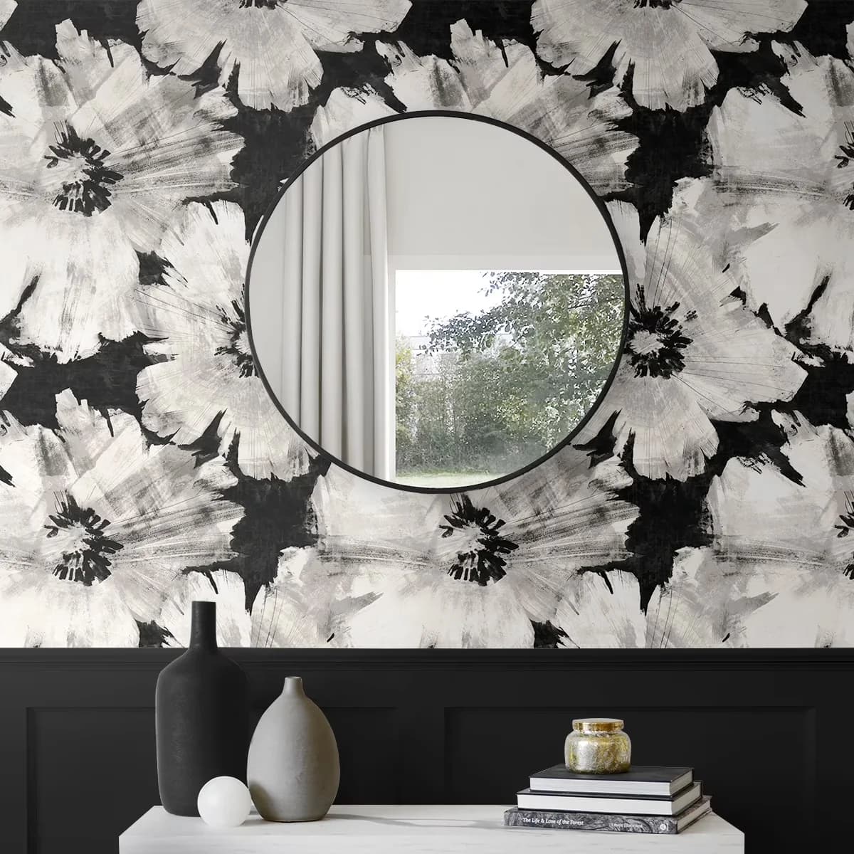 Wallpaper Modern with Removable, Graphic Floral Peel and Stick - Black Self-Adhesive Vinyl Model 621EBB