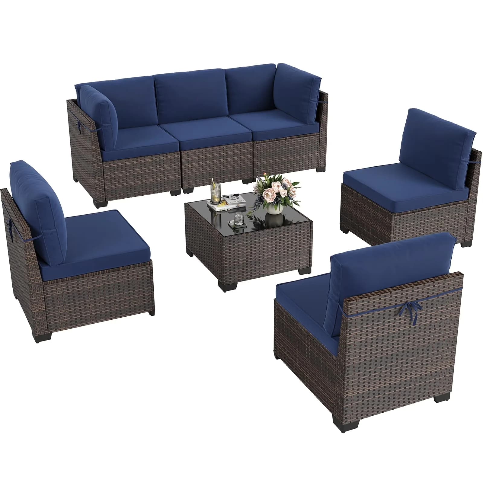 Quality Outdoor Sofas Sectional with Art Deco, Weather-Resistant, Patio PE Rattan Furniture Set - Rattan Blue Model A9DE7B