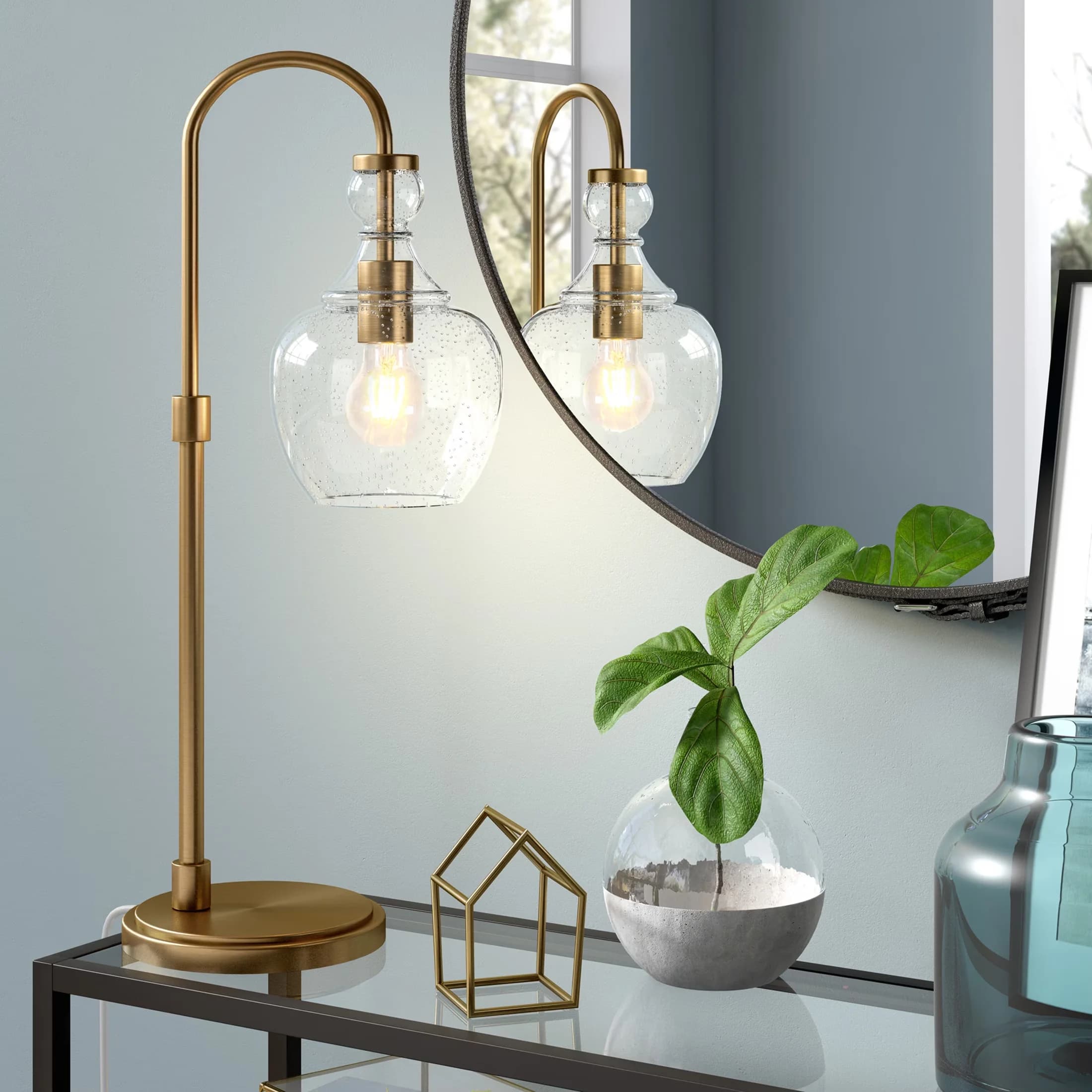 Compact Table Lamp with LED, Arc, Verona 27" Tall Arc - Metal Gold Evelyn Model 0BA59A