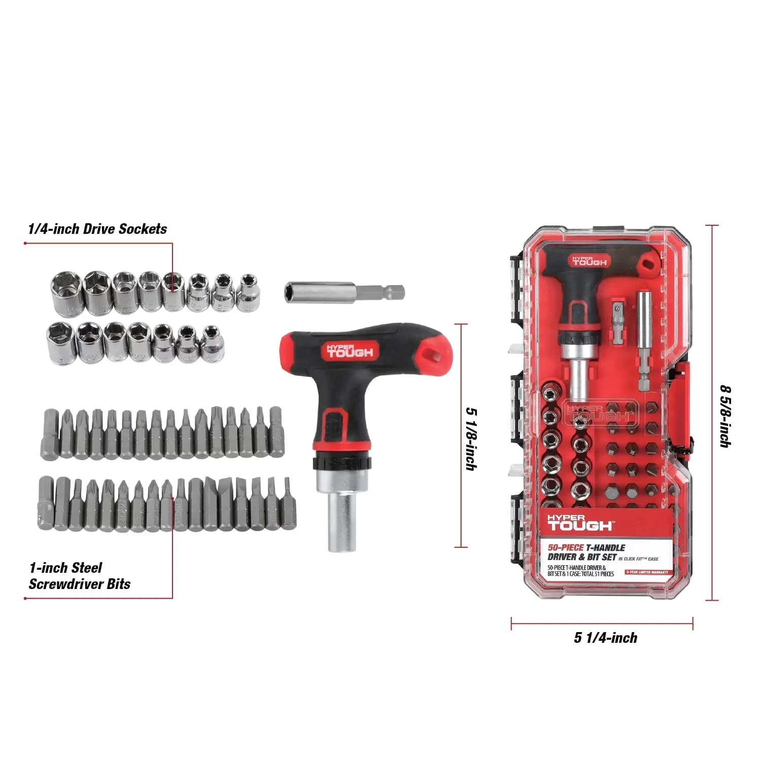 Versatile Drills Driver with Heavy-Duty, Handheld, 50-Piece T-Handle - Red Assorted Model A670BE