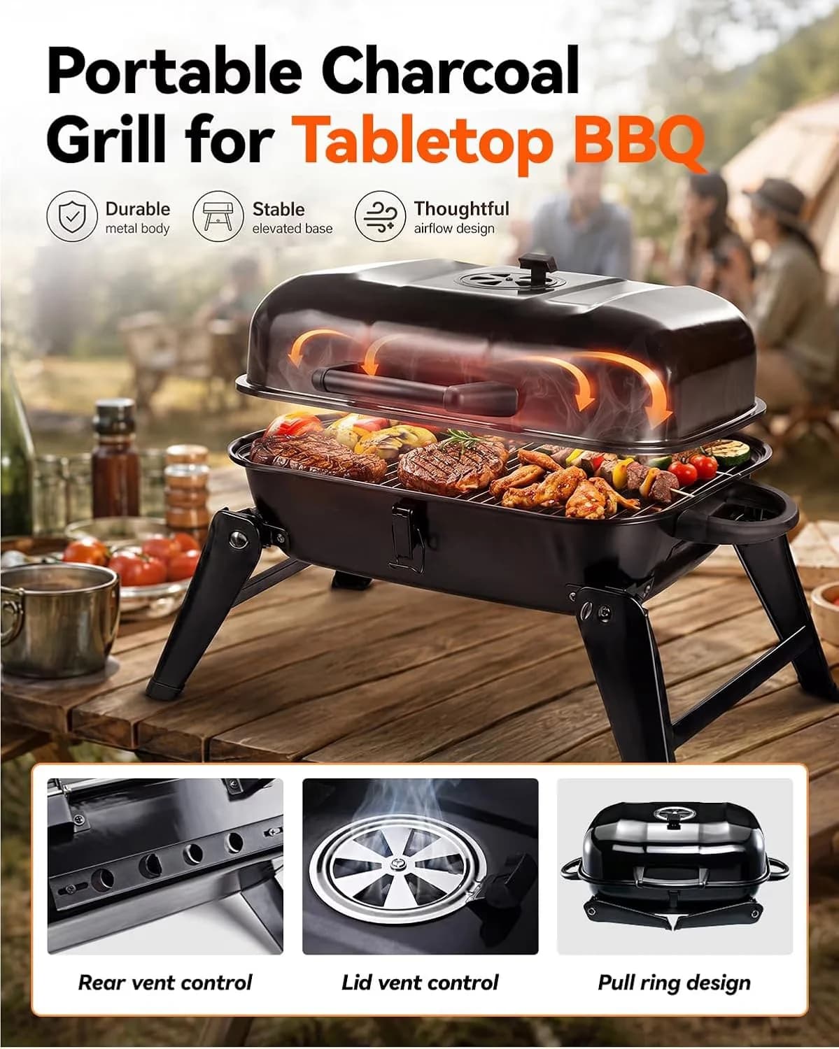 Durable Flat Top Grill with Foldable, Foldable Outdoor Compact Tabletop BBQ - Black Iron for Camping, Patio Model 1ACE53