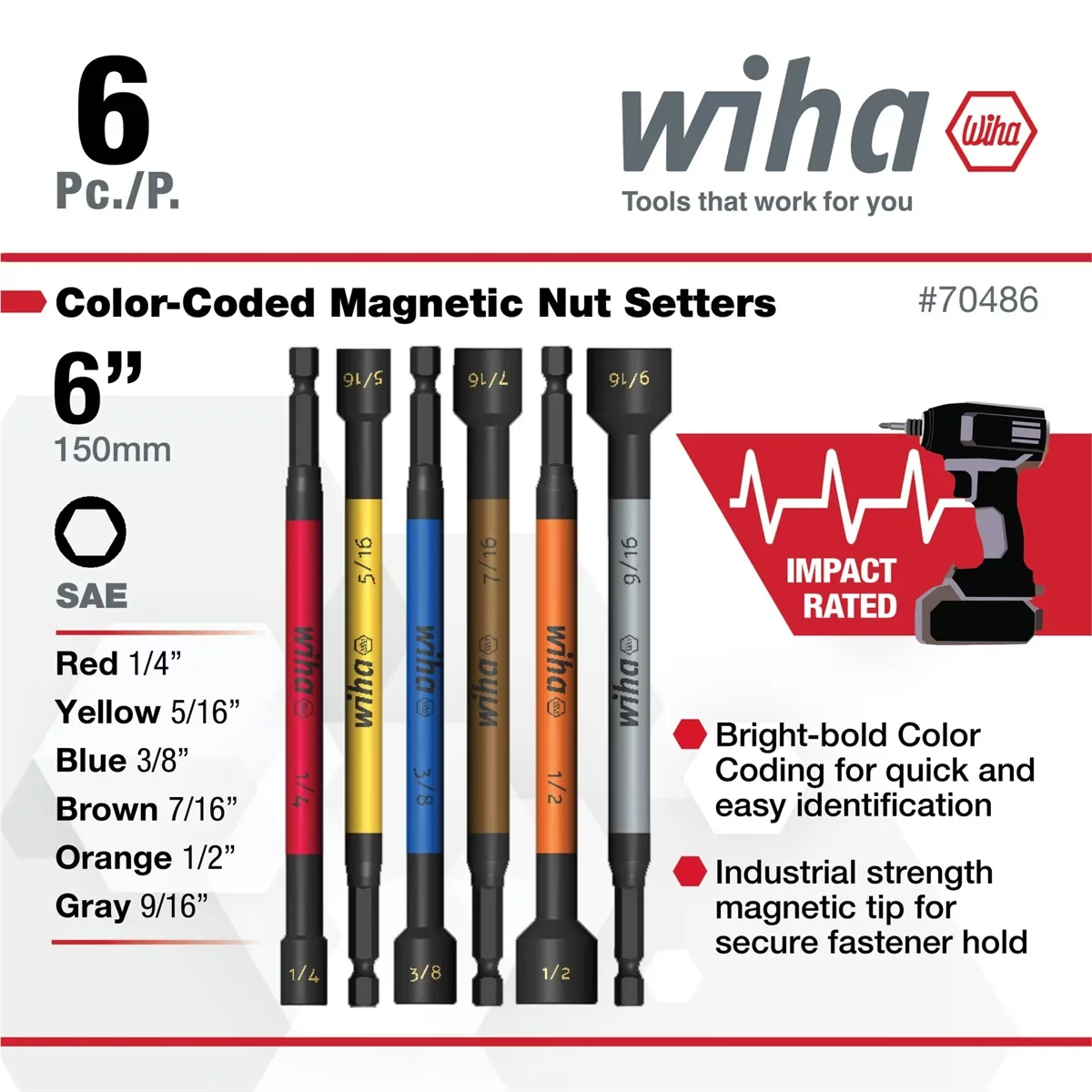 Innovative Hand Tool Set with Magnetic, 6 Pc SAE Color Coded Magnetic Nut Setter - Black Chromium-Molybdenum Alloy Steel Model BA2F77
