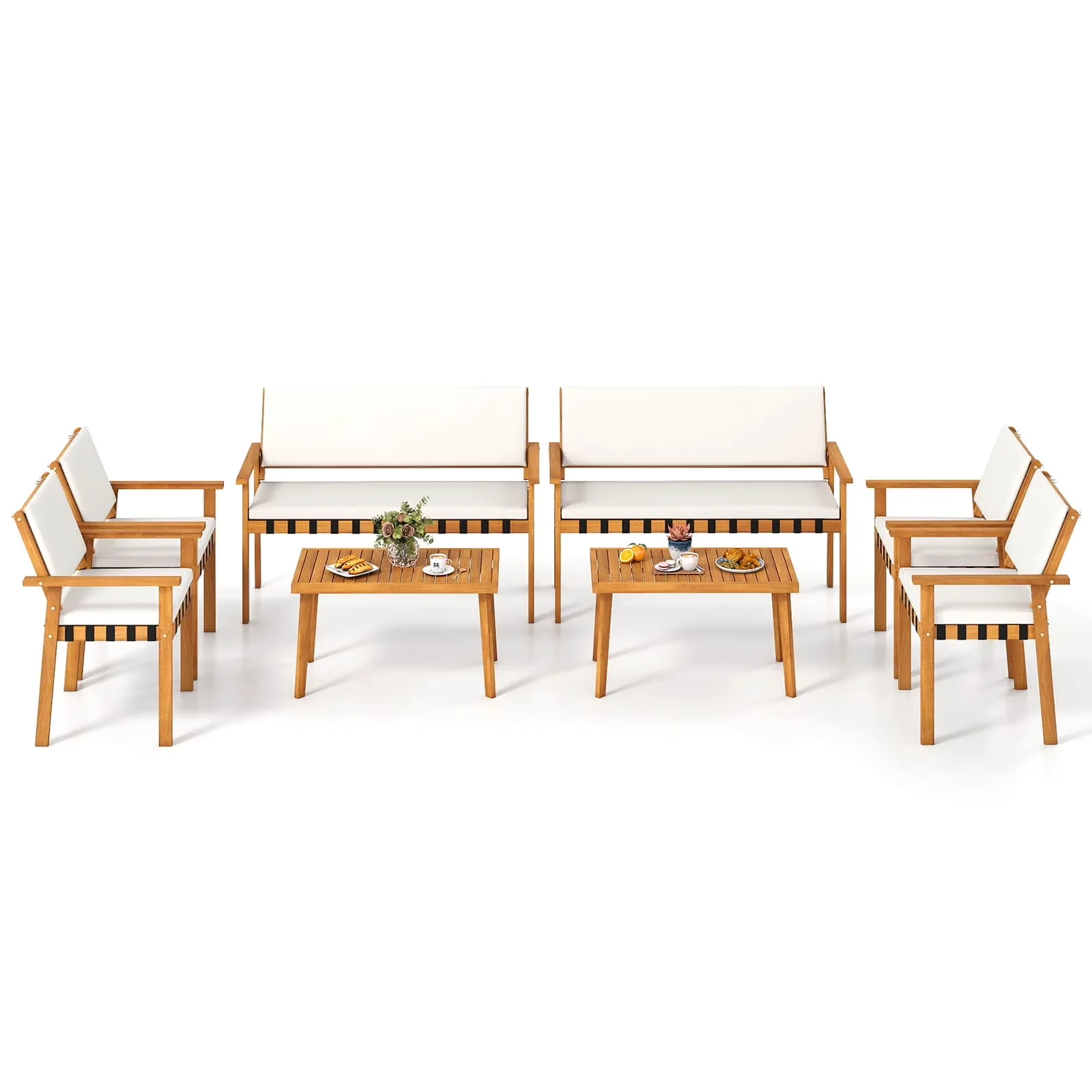 Classic Patio Conversation Set with Storage, 8 PCS Wood Furniture - Acacia Wood, Nylon, Sponge, Polyester Off-White Model D907BC