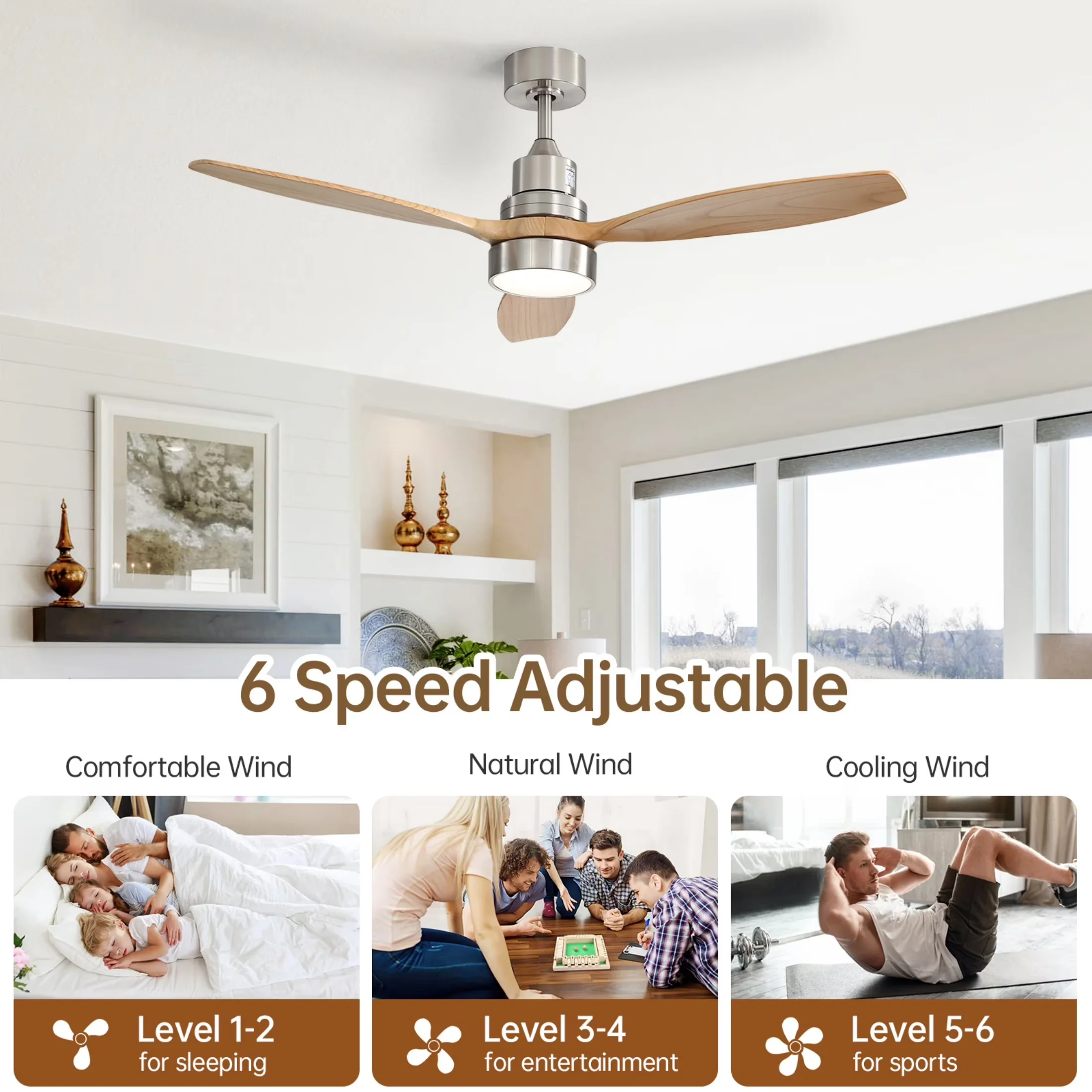 Ceiling Fan Sleek with LED, Reverse Airflow, Modern - White Wood 52 Inch Model 2DB073
