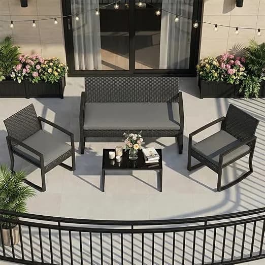 Modern Patio Conversation Set with 4-Piece PE Rattan, Outdoor Rocking Chair & Coffee Table - Gray Premium Materials for Patio Model AEC5D1