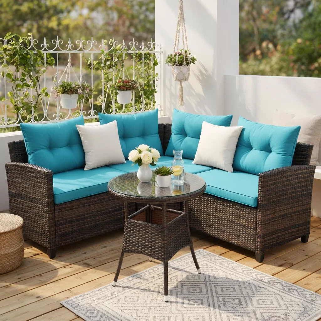 Patio Conversation Set Durable with Weatherproof, Modern Sofa Sectional Proof, Seating - Rattan, Steel, Polyester Fabric, Sponge Blue Model 01A4E5