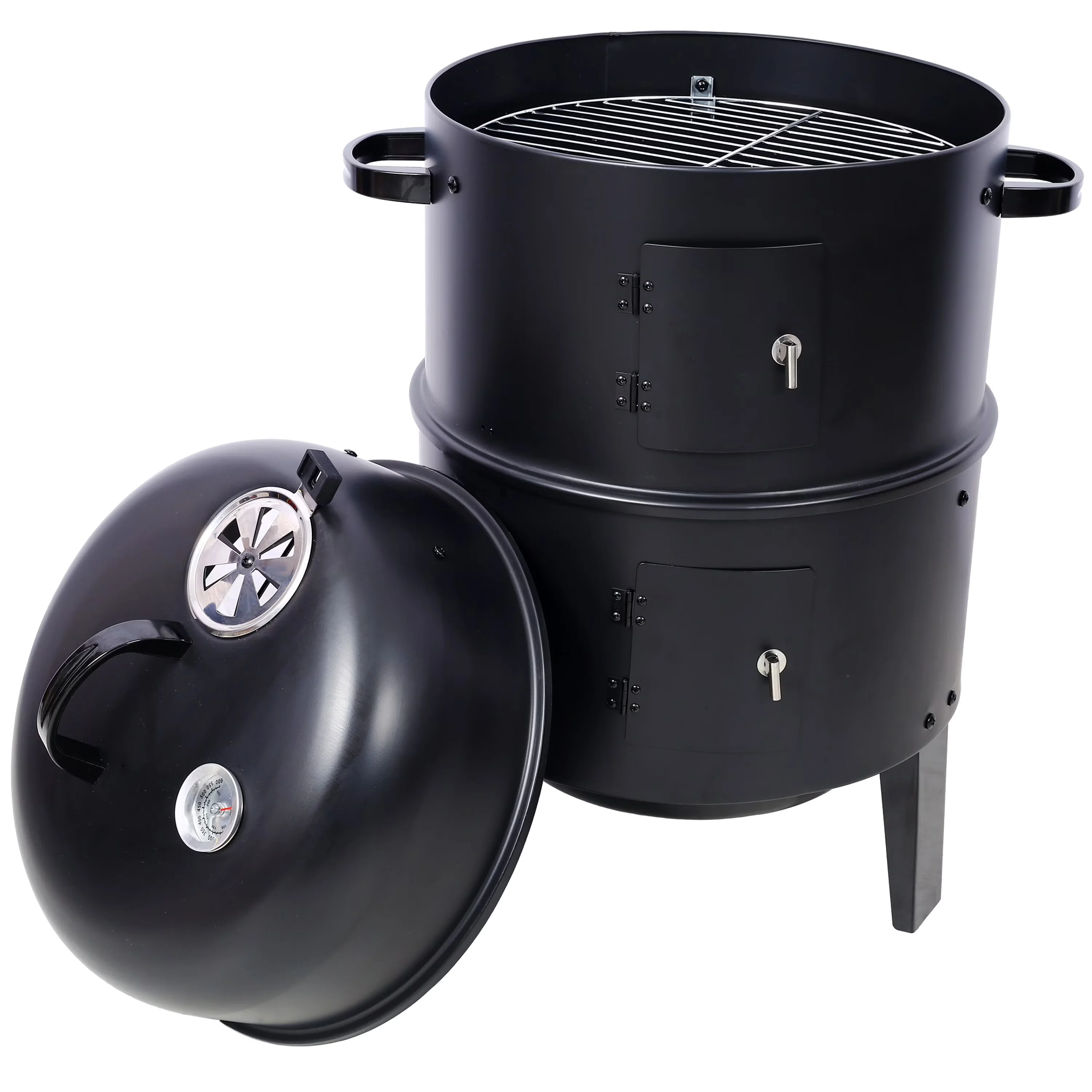 Stylish Smoker with Adjustable Air Vents, 16" Black Charcoal Grill, Portable Vertical Wood - Black#02 Steel Model BB9552