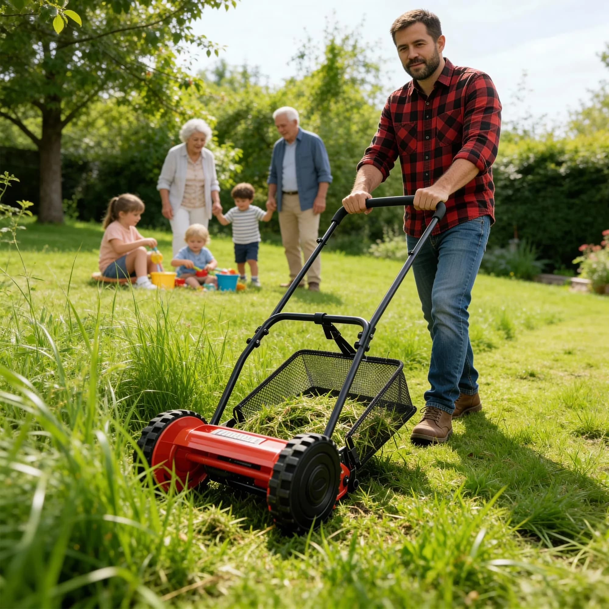 Efficient Push Mower with Walk-Behind, Product Name: Manual Reel Lawn Mower, 5-Blade Cutting System - Model FB992E