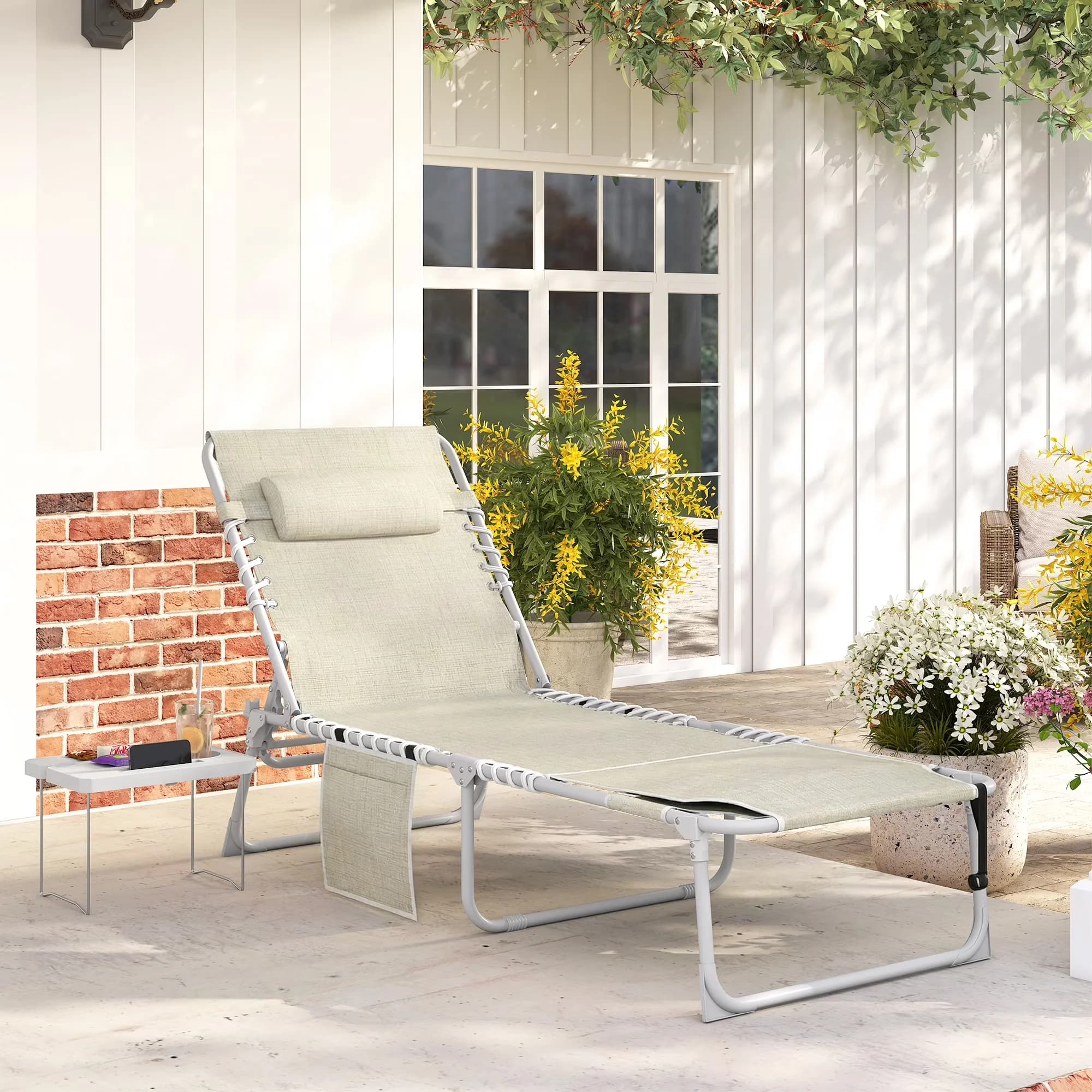 Patio Chair Versatile with Folding, Color: Beige, Light Gray, Tanning - Beige Steel, Breathable Mesh Model 6B59E4