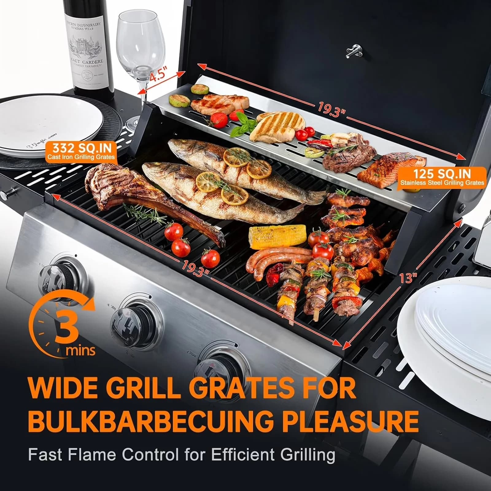 Innovative Gas Grill with 25650 BTU, Portable, Storage Rack - 3 Burner Stainless Steel Model 4A576F