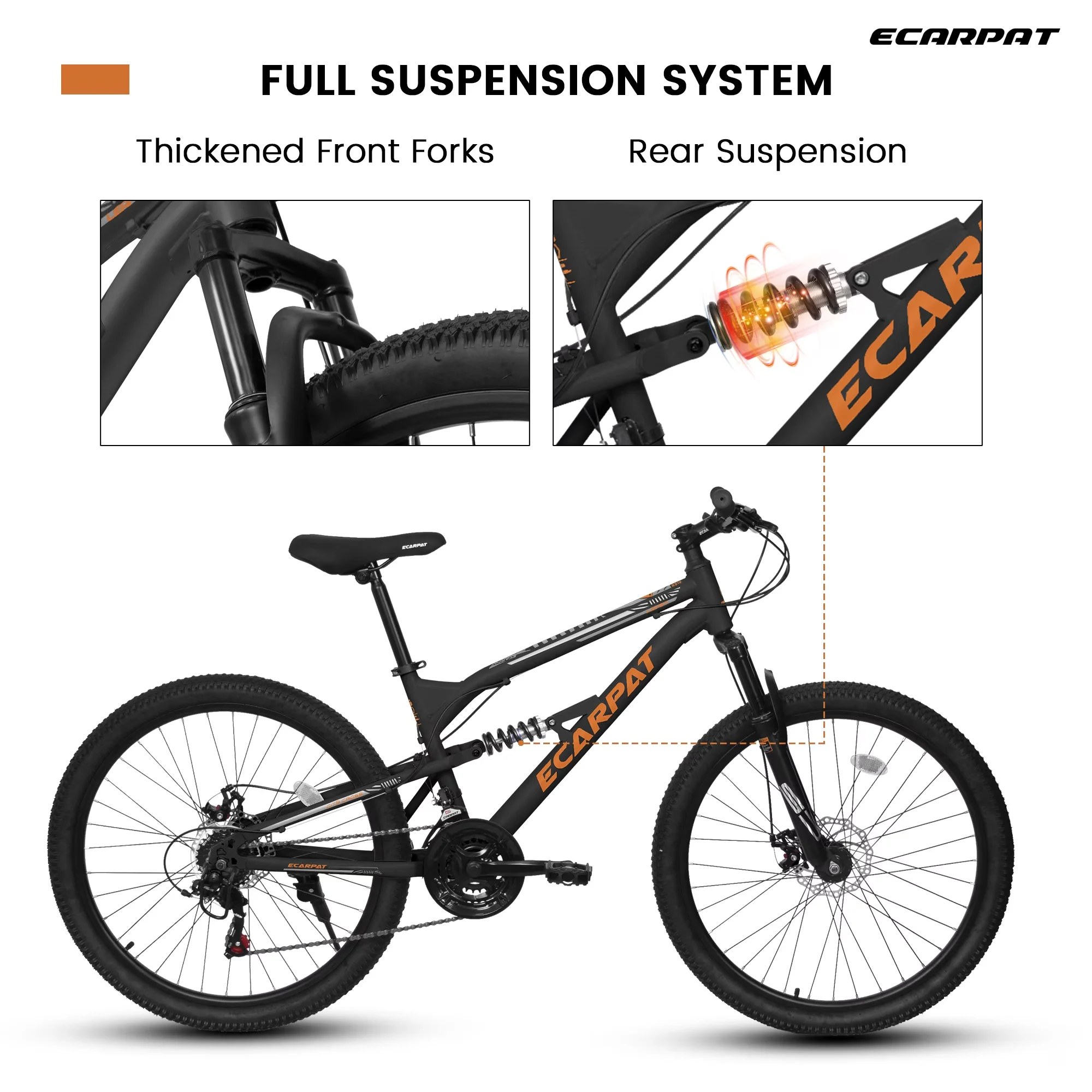 Mountain Bike Compact with Adjustable Seat Height, Mens Womens Trail Commuter City Bicycles - Orange Model 72EDCA