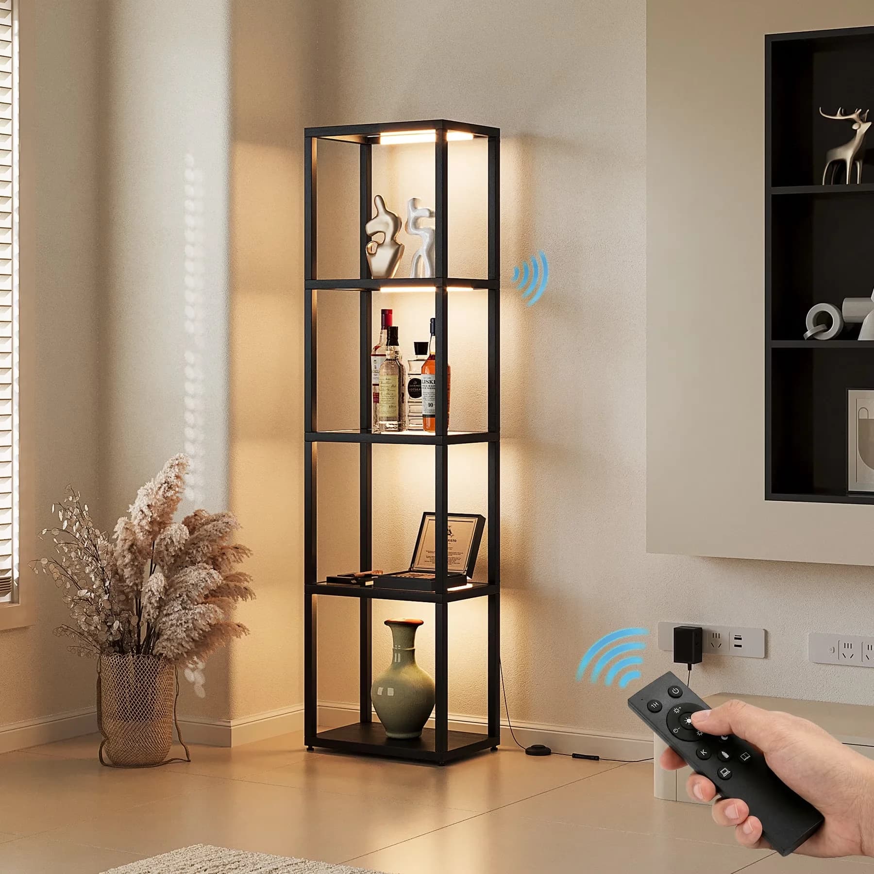 Sleek Floor Lamp with LED, Industrial, Shelf Lamps - Wood Black for Living Room Model 1E99CE
