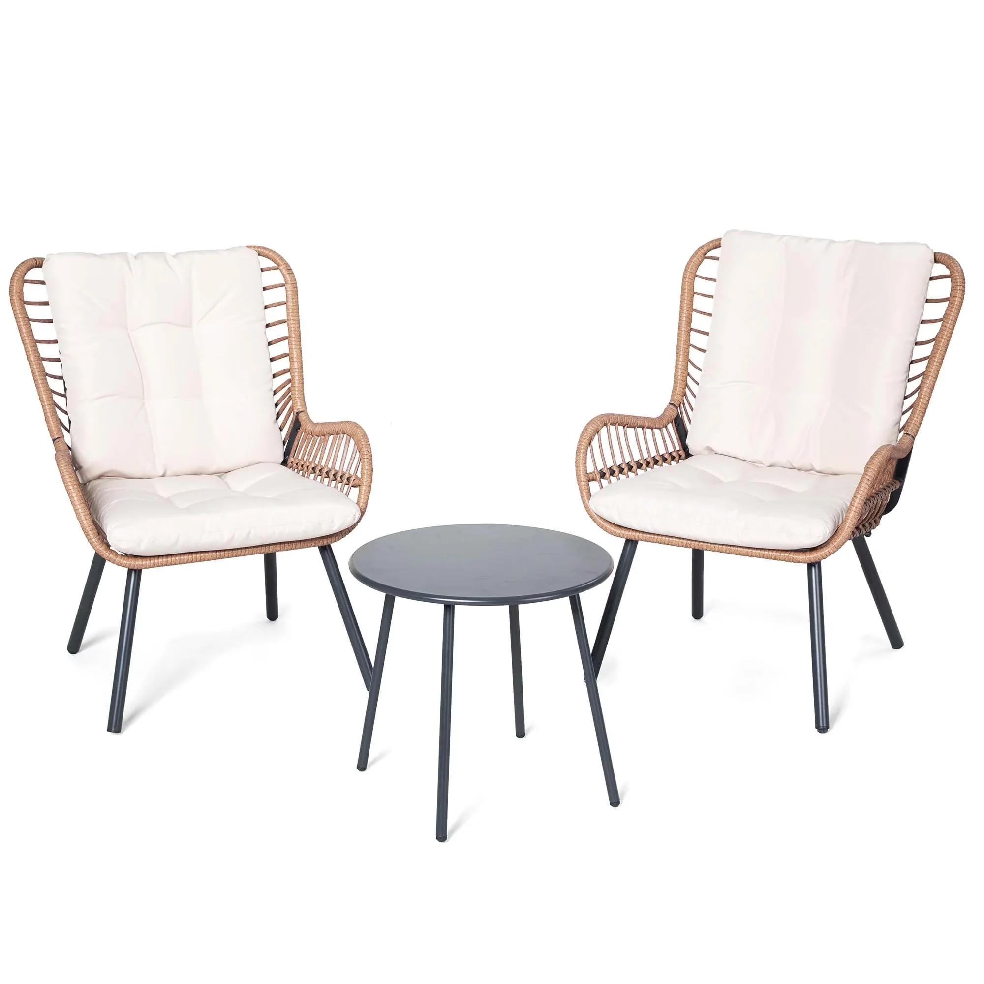 Versatile Patio Conversation Set with Weatherproof, High Back Outdoor Bistro - Steel, Pe Rattan, Polyester Beige for Garden Model C2B1CA