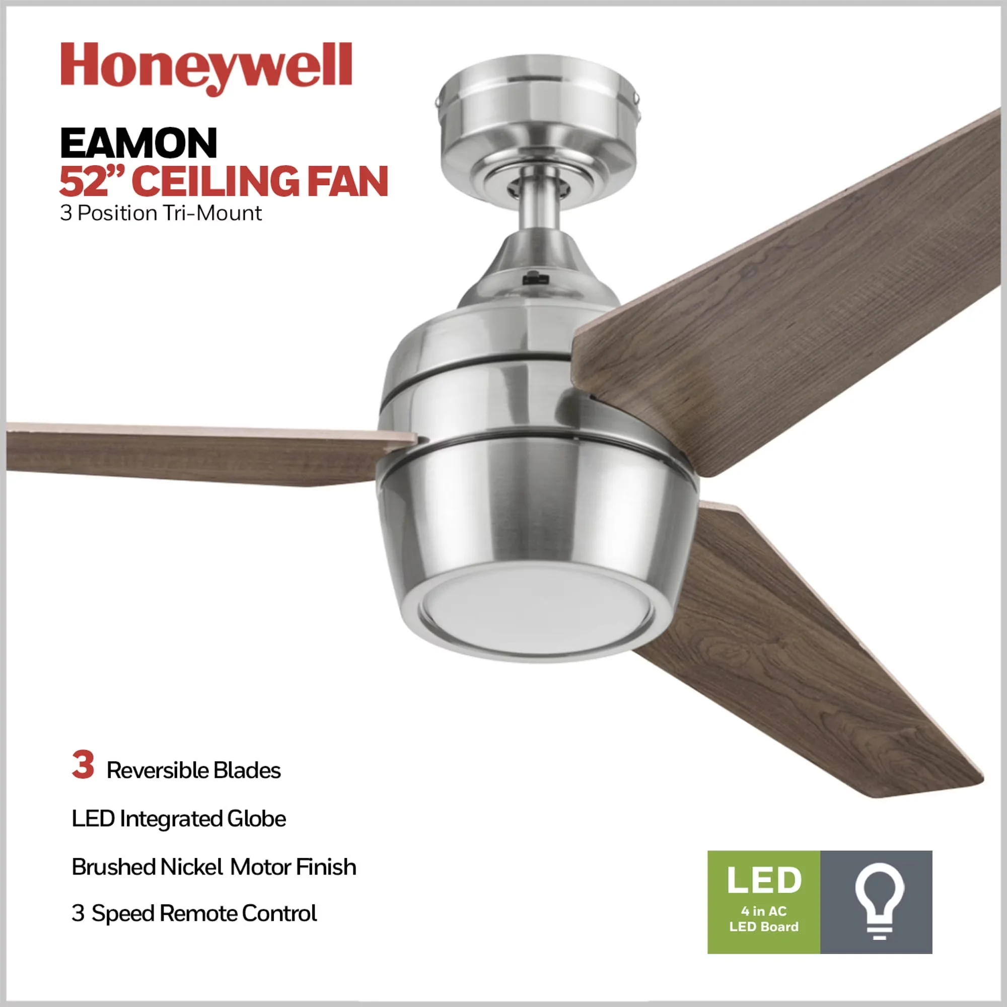 Durable Ceiling Fan with LED, Energy Efficient, Integrated LED Light - Silver Model 33510E