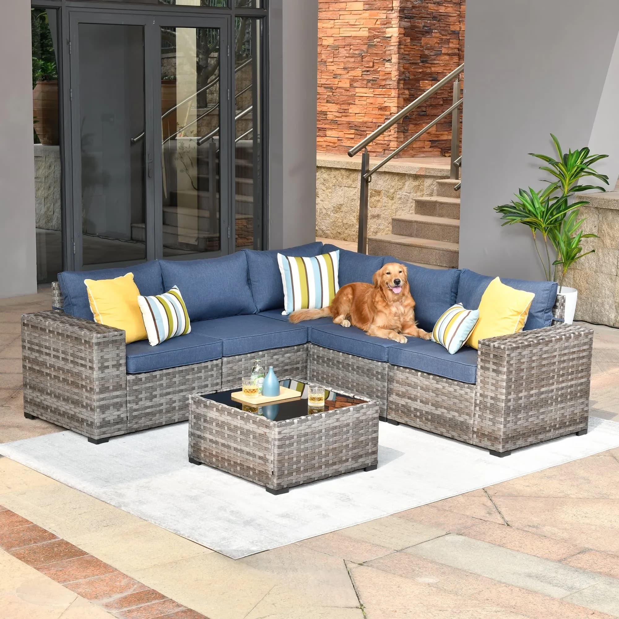 Stylish Outdoor Sofas Sectional with Contemporary, 6-Piece All-Weather Wicker Sofa Set, Side Table - Wicker,Steel,Sponge Blue Model FBD277