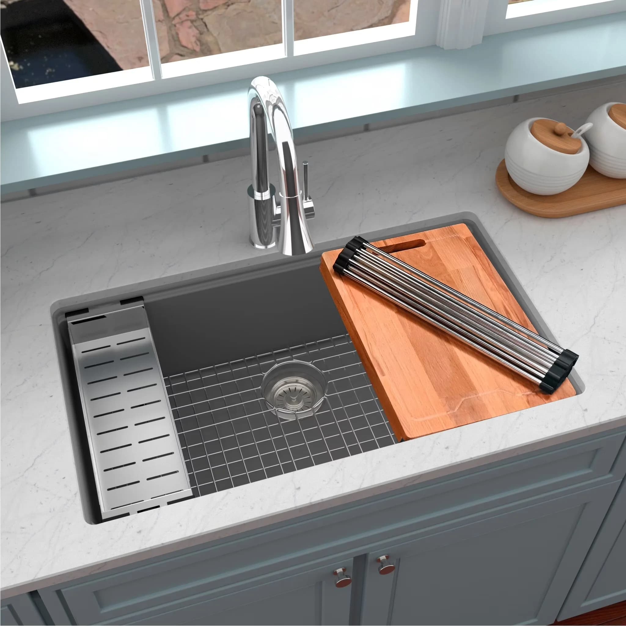 Essential Kitchen Renovation with Workstation, Quartz QU Collection - Quartz Composite Gray Model DCFB3F