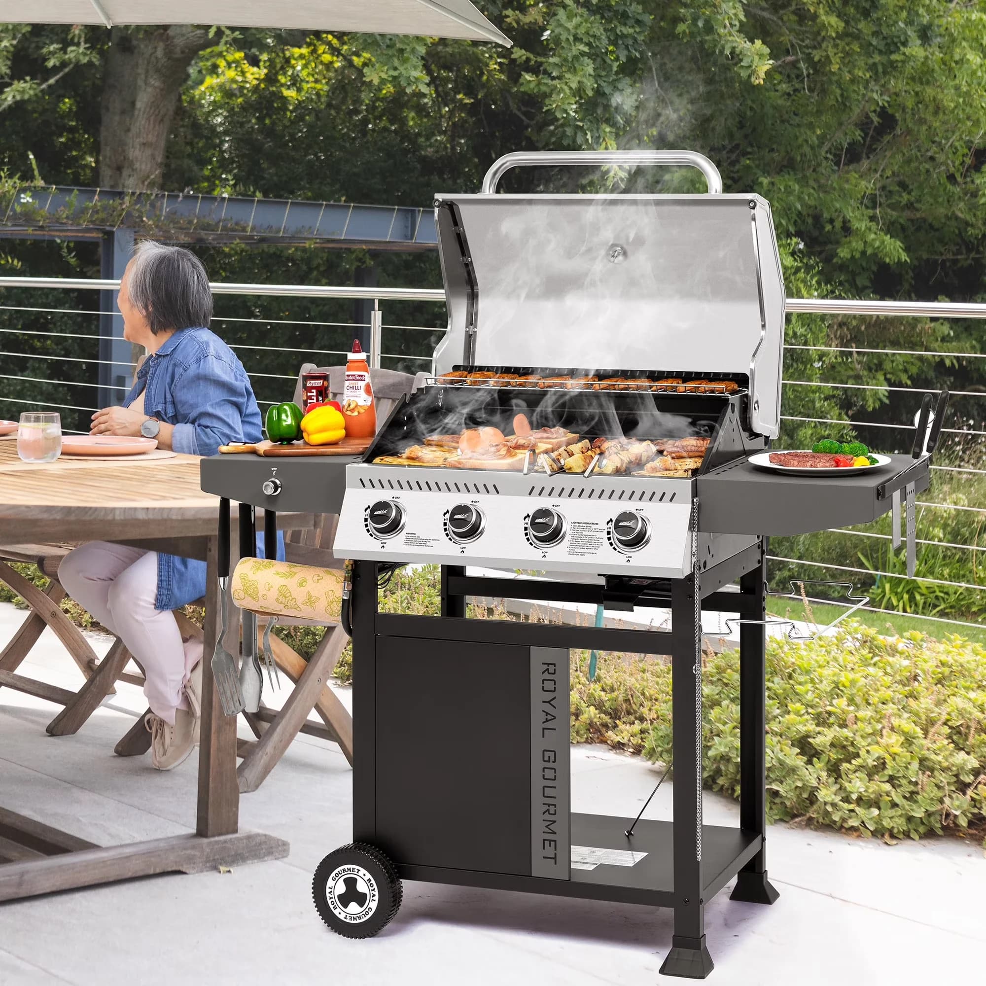 Professional Gas Grill with 40000 BTU, Warming Rack, Premium 4-Burner - Silver&Black Model 14C2A1