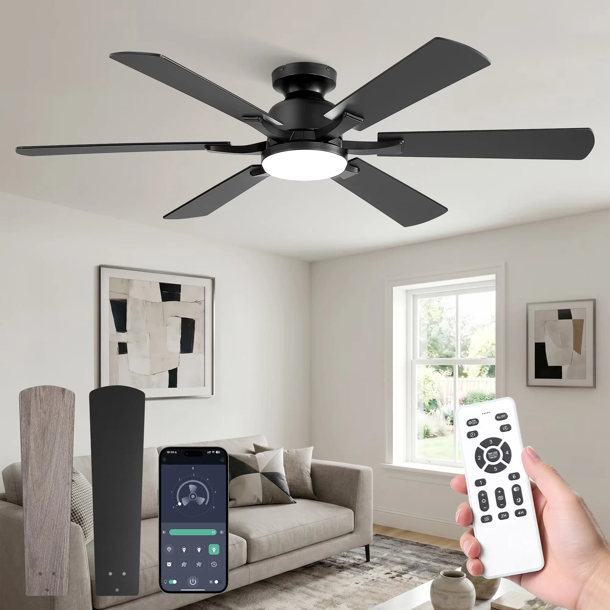 Compact Ceiling Fan with LED, Remote Controlled, 52in - Black - Contemporary Style Model 48DE0A