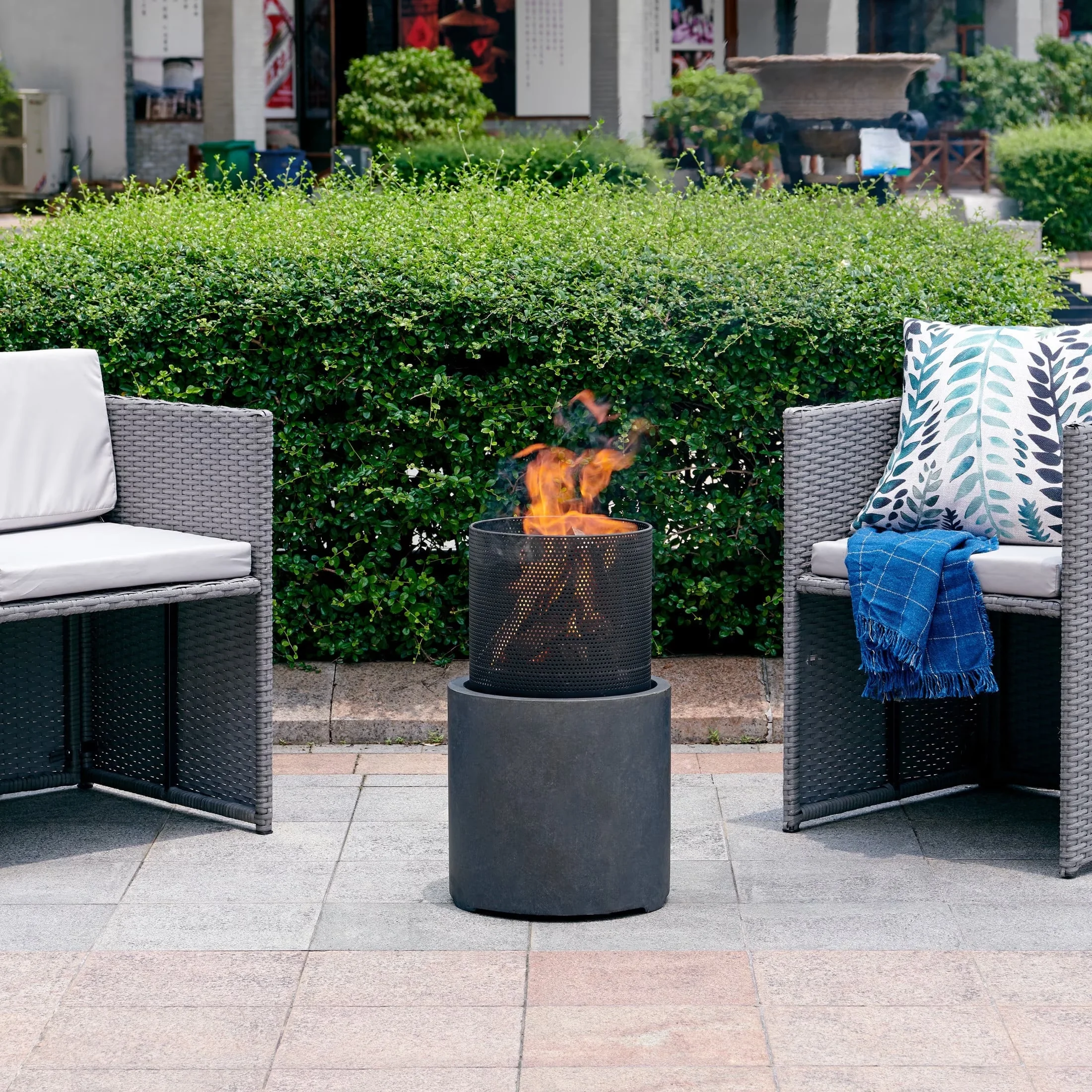 Versatile Outdoor Heating with Portable, 22" Wood Burning Faux Stone Fire Column - Gray Fiberglass And Iron Model AA5518