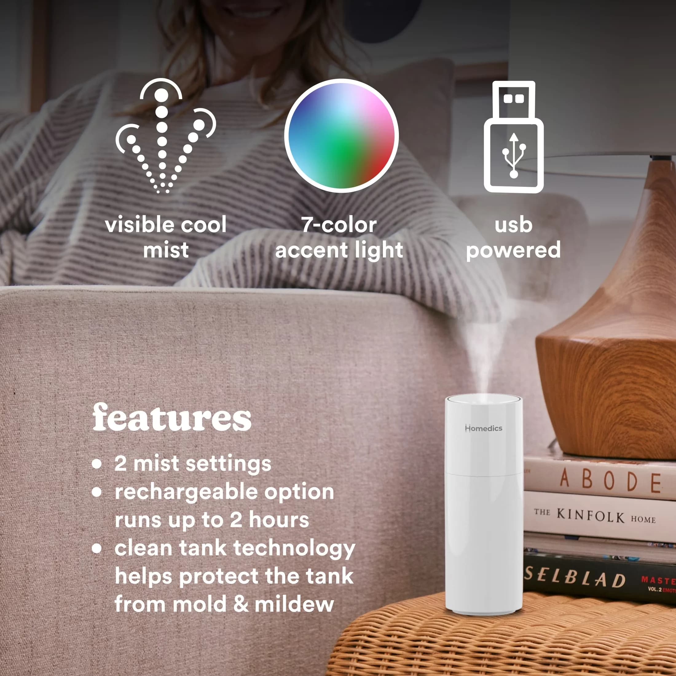 Modern Humidifier with Battery, Adjustable Humidistat, Variable Speed - White Model 956E0D