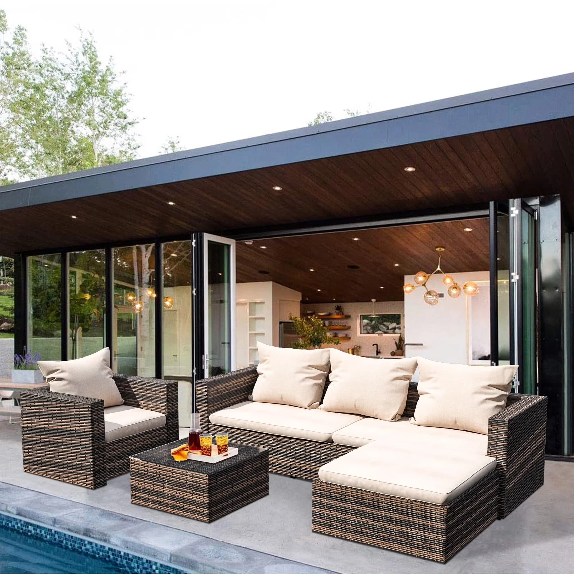 Efficient Patio Conversation Set with Weatherproof, Cushioned Sofa - Pe Wicker, Clear Tempered Glass, Steel, Polyester, Foam Model 9FAEA0