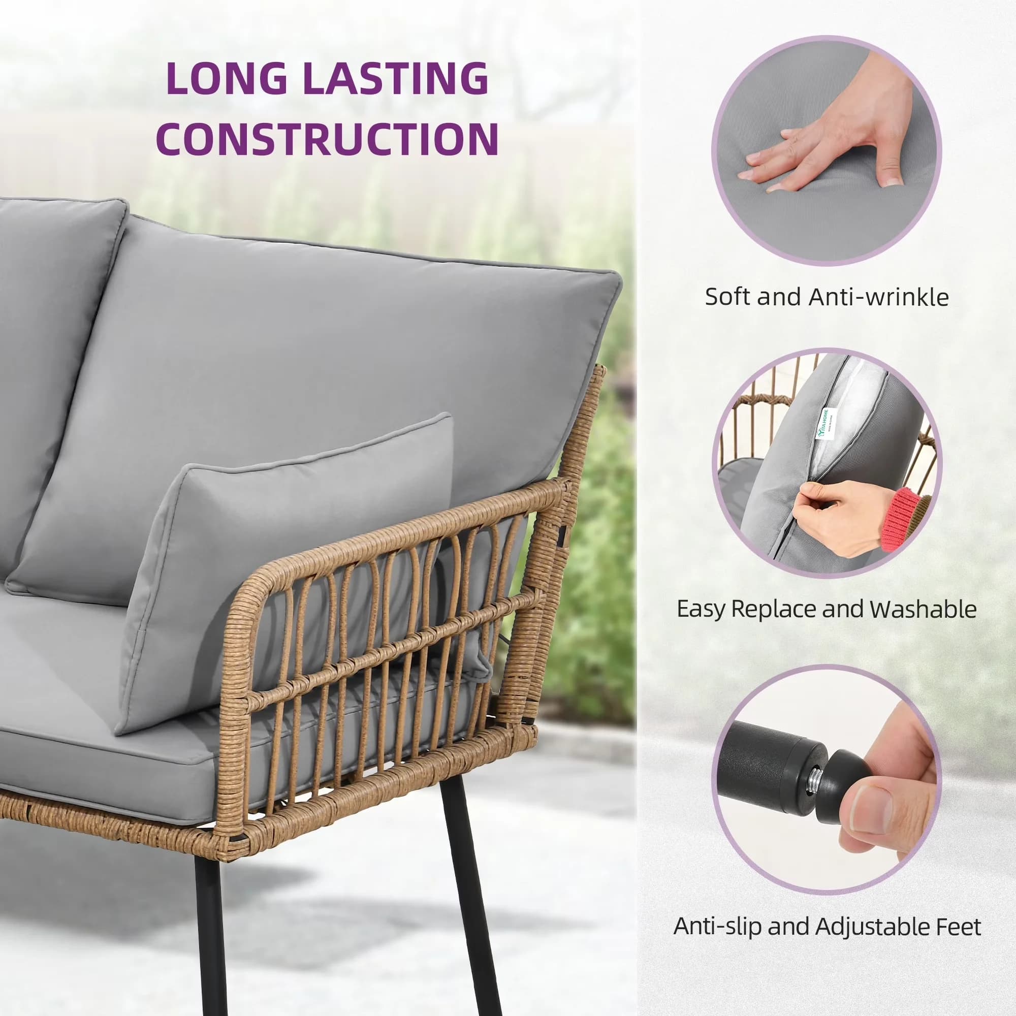 Modern Outdoor Sofas Sectional with Modern, Water-Resistant - Gray Pe Rattan+Steel Model 1E0CC5