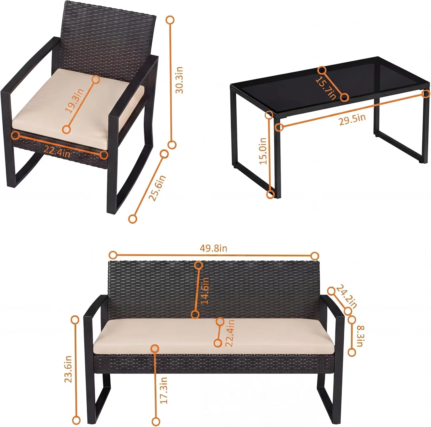 Modern Patio Conversation Set with Ideal, Coffee Table and Beige Soft Cushions, Weather Resistant Woven Outdoor Seating - Black... Model AF35B3