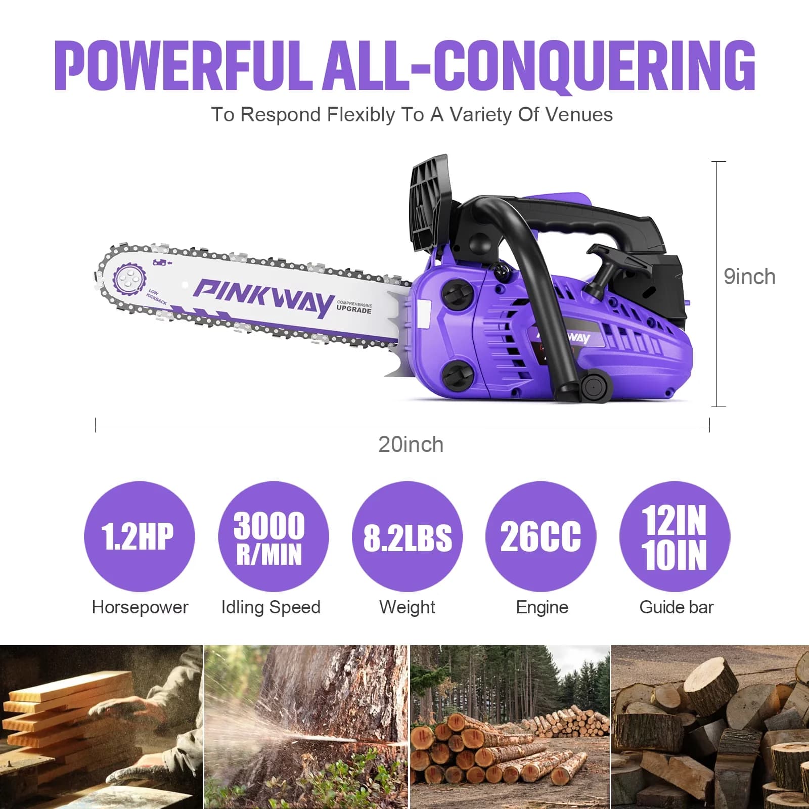 Premium Chainsaw with Automatic Chain Oiler, 12-Inch 25CC Gas, Handle Lightweight 2-Stroke Cordless - Purple for Garden Model DF5E52