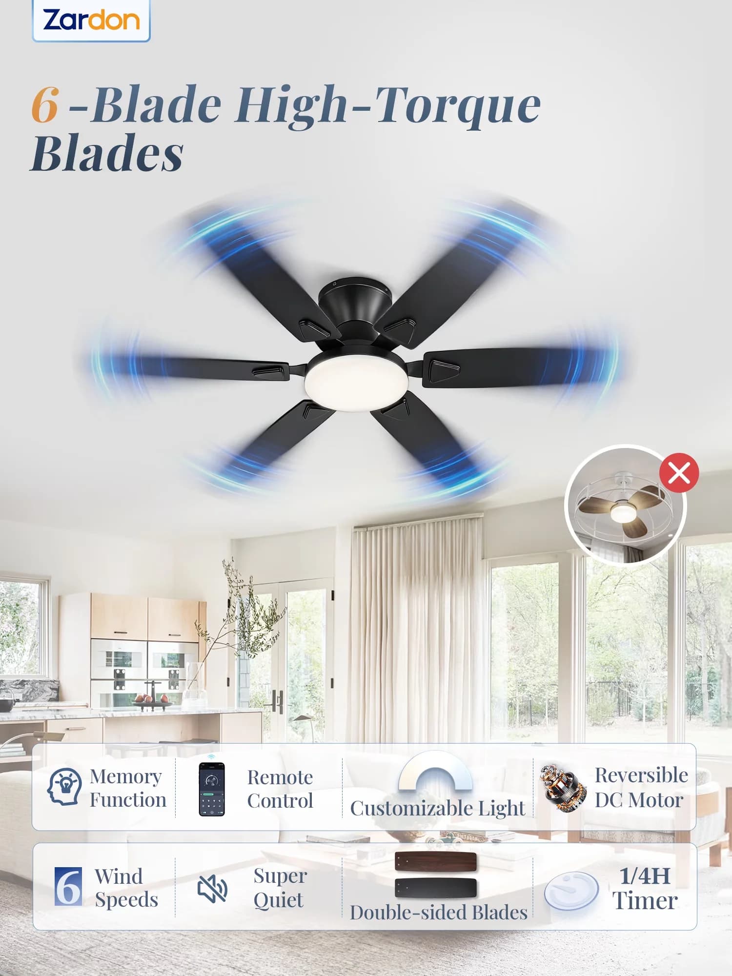 Ceiling Fan Classic with LED, Modern, 52in - Black - Space-Saving Design Model 921DB5