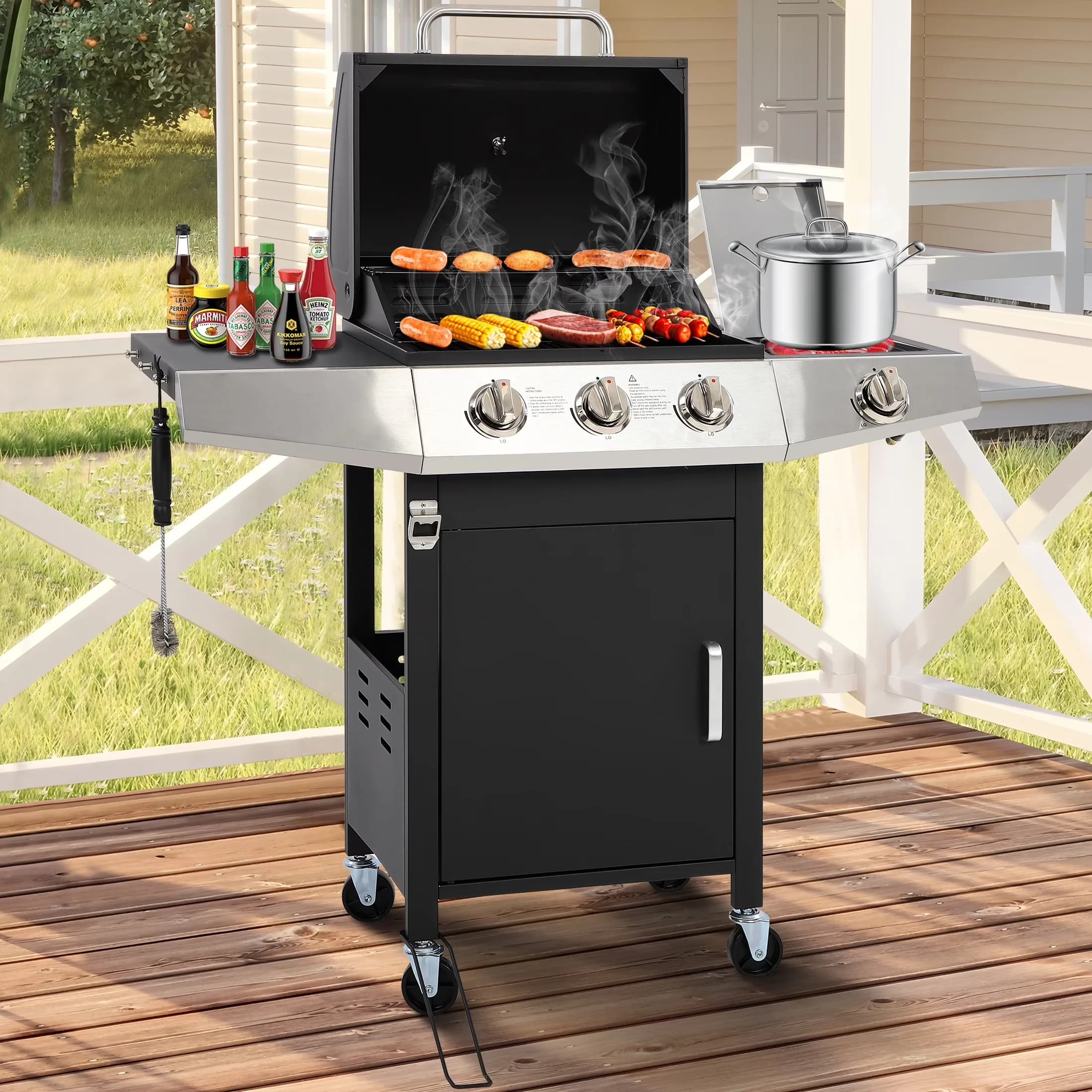 Compact Gas Grill with 40000 BTU, Warming Rack - Stainless Steel, Iron for Patio, Camping Model 04BA4C