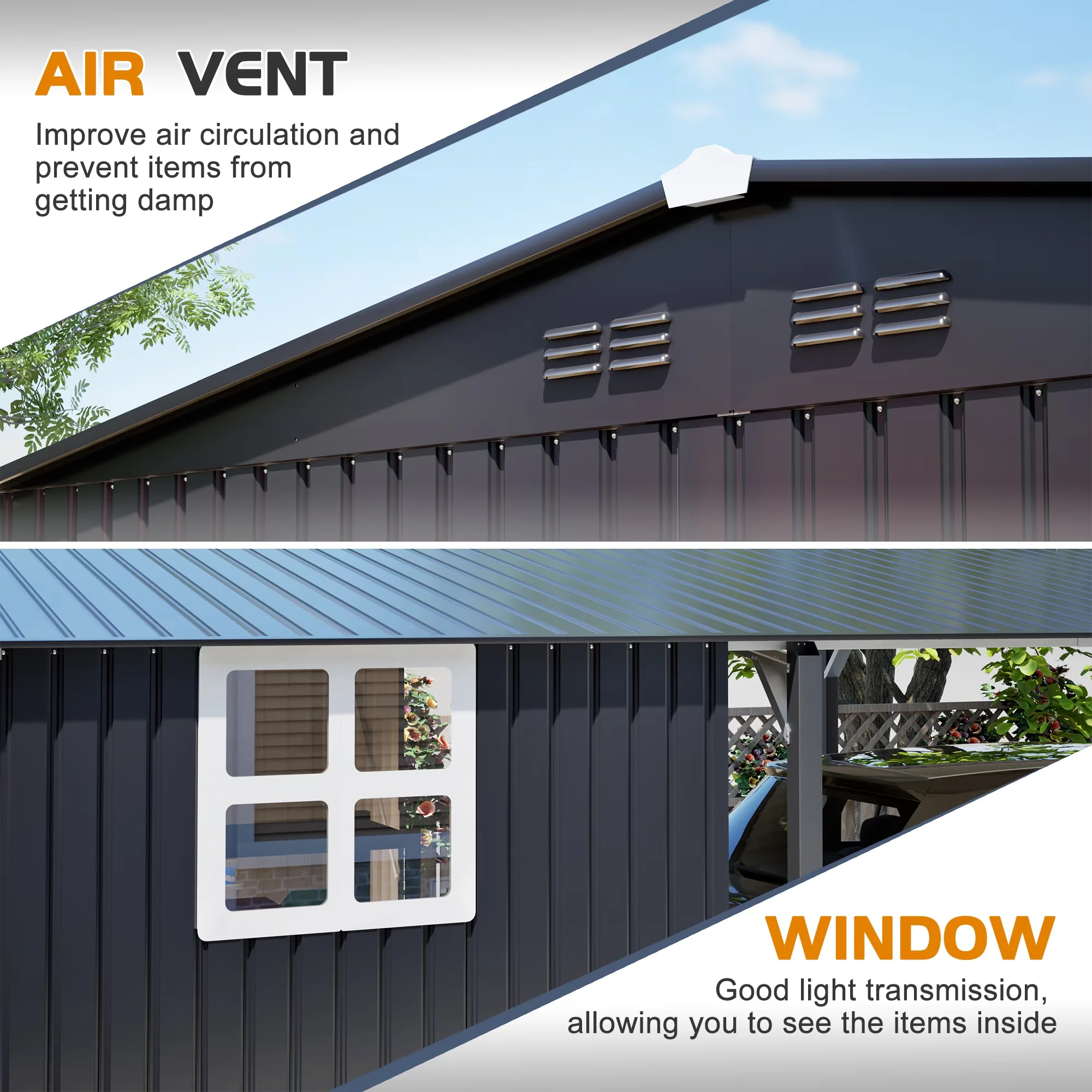 Modern Shed with Heavy Duty Steel Garage, Grey, Sliding Door - 12*23 Ft Carport Metal Model 003B5E