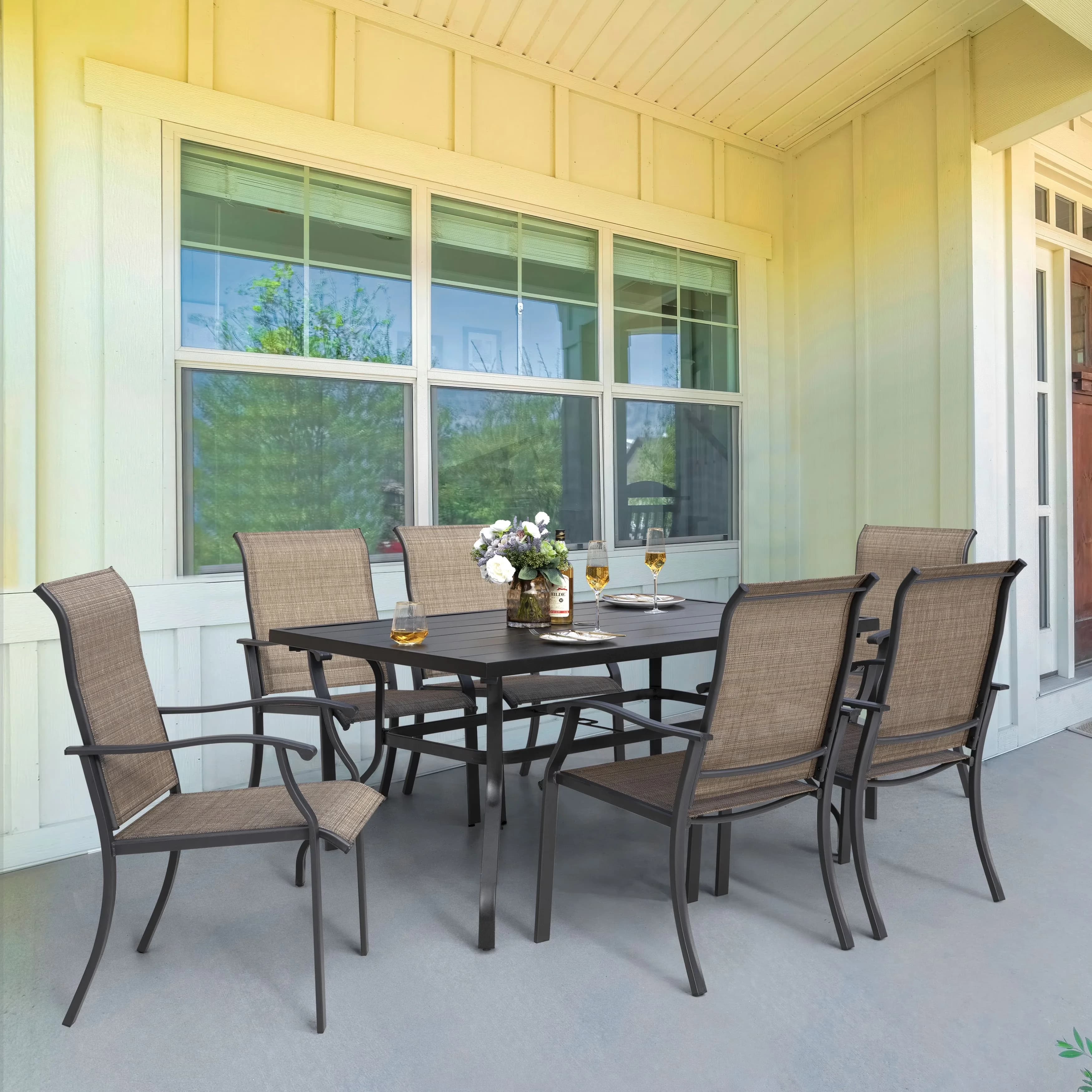 Classic Patio Dining Set with Glam, 7 Pieces, All-Weather Outdoor Furniture - Textilene Brown Model 6D99F4