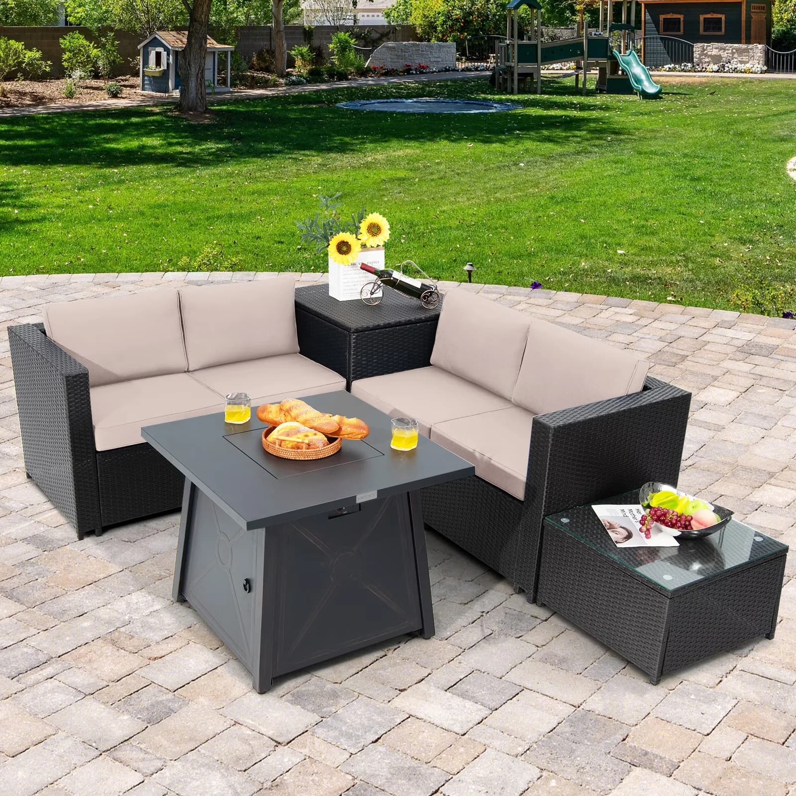 Innovative Patio Conversation Set with 50000 BTU, Storage, 5-Piece Outdoor Furniture - Beige Pe Rattan, Steel, Polyester, Sponge,... Model 7308DF