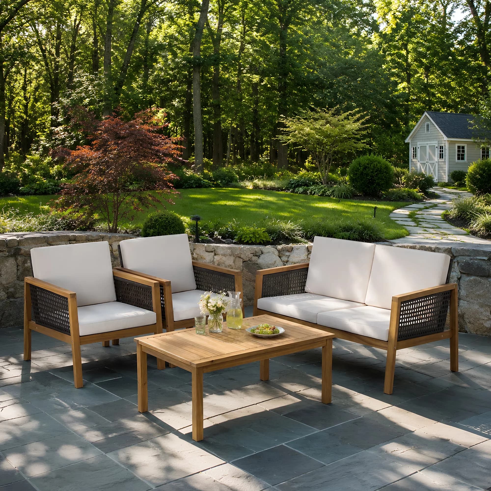 Patio Conversation Set Quality with Weatherproof, Removable Cushions, Solid Wood Frame - Pe Rattan, Acacia Wood, Polyester, Cotton,... Model ACCCDA