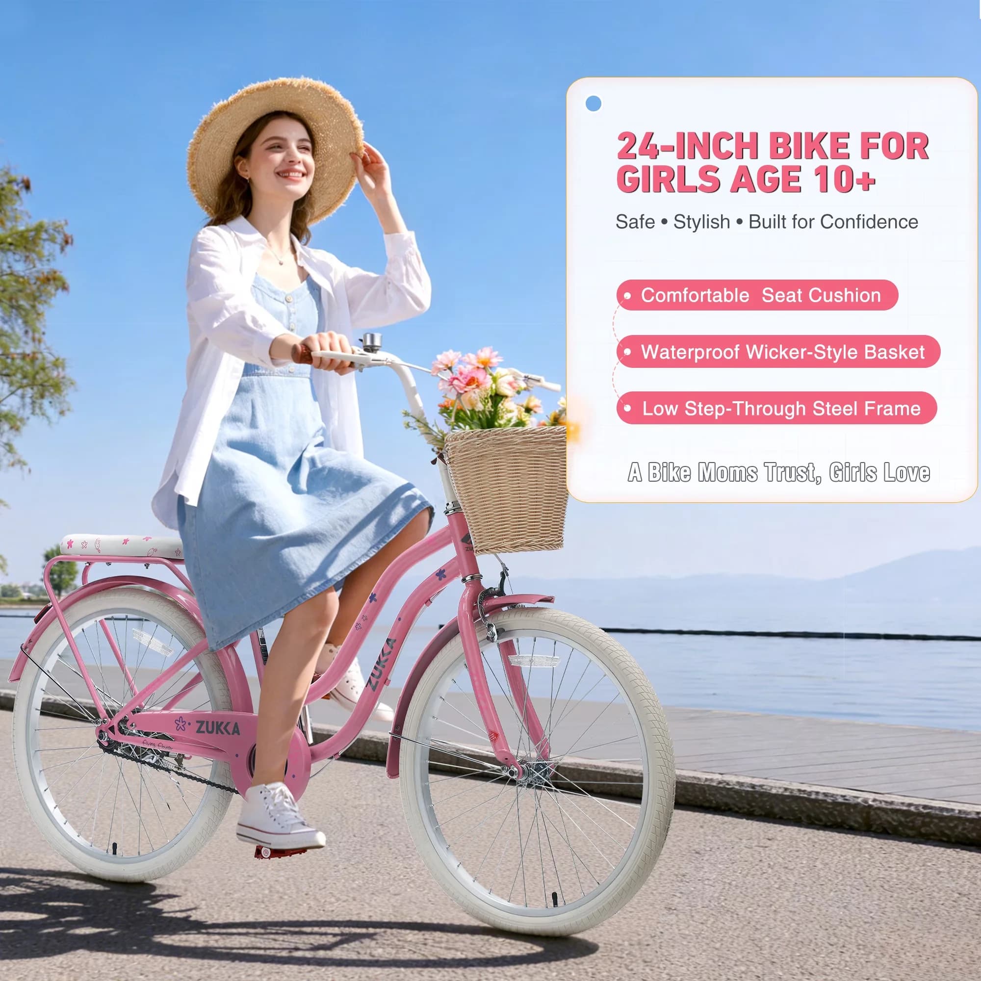 Cruiser Bike Modern with Adjustable Seat, Adjustable Height, 24" - Pink Model 3D54F3