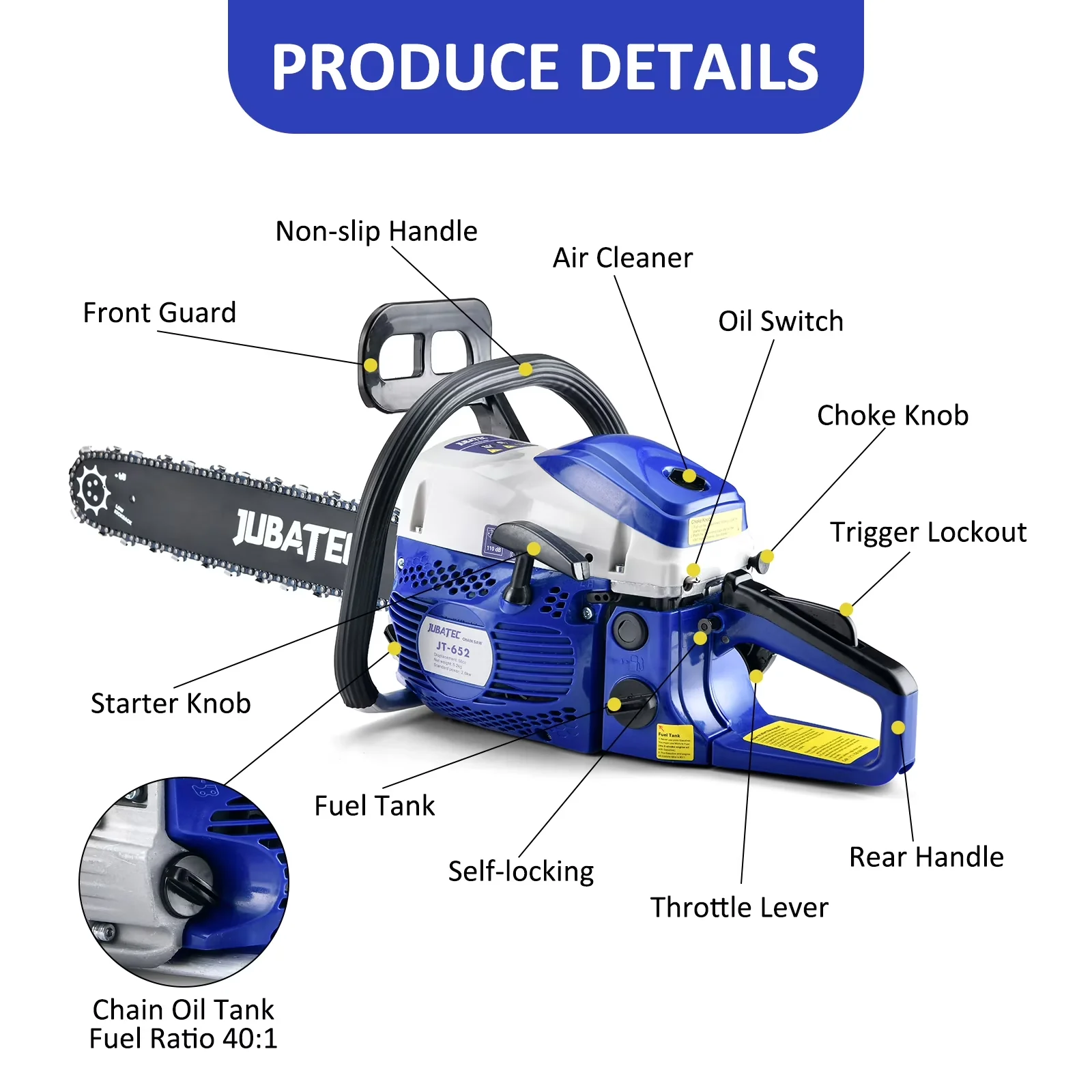 Essential Chainsaw with Chain Brake - Blue for Garden 20 Inch - Premium Collection Model F3504C