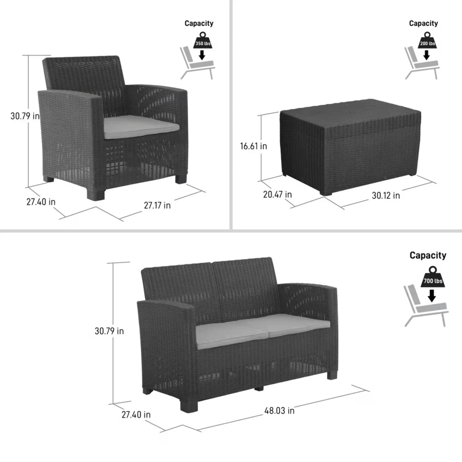 Patio Dining Set Compact with Storage, Alta Plastic 4-Piece Outdoor Sofa - Polypropylene Black Model 5A8D5B