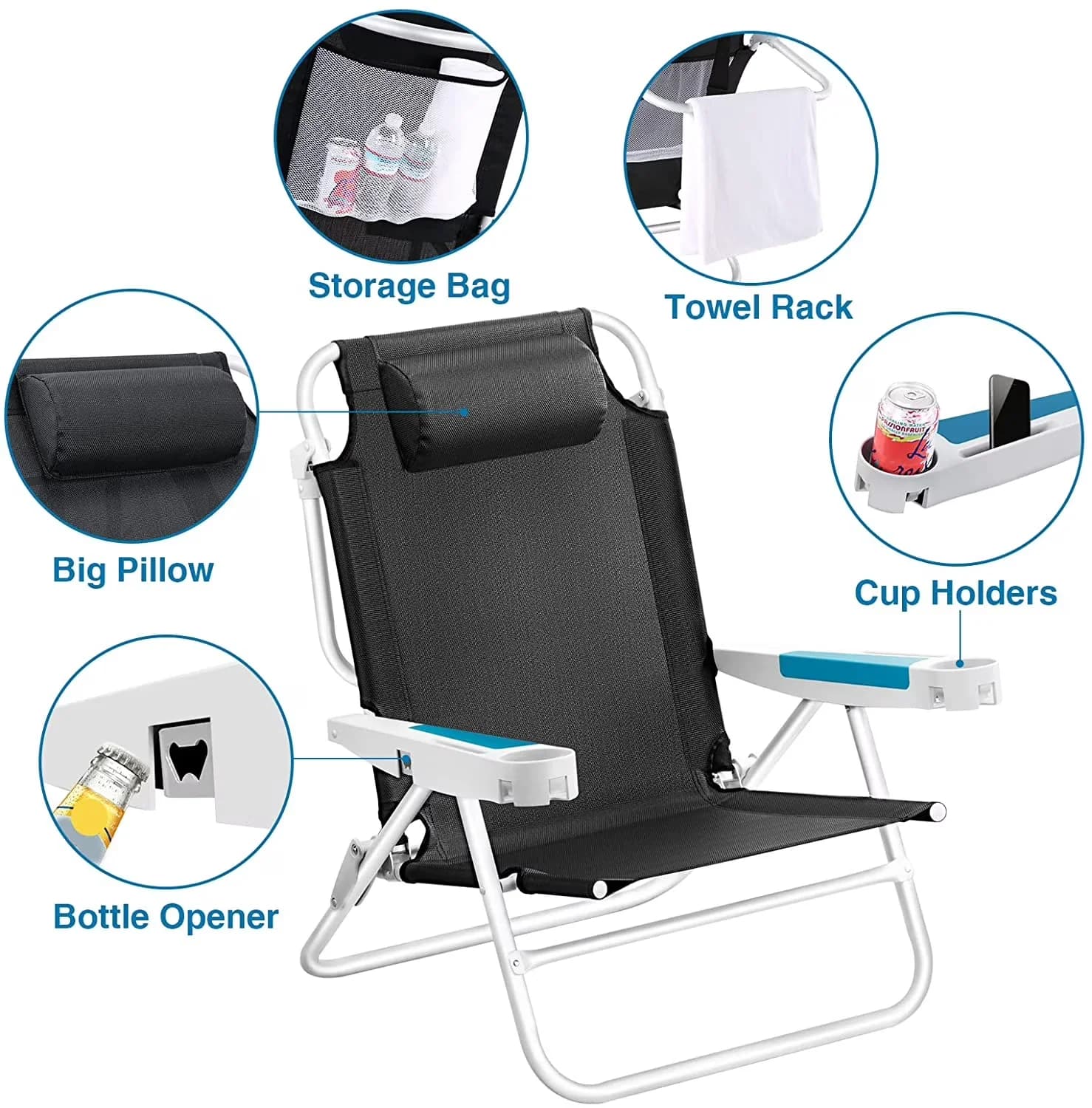 Quality Beach Chair with Adjustable, Waterproof, Folding - Black BC75 - Heavy Duty Model 6D6610