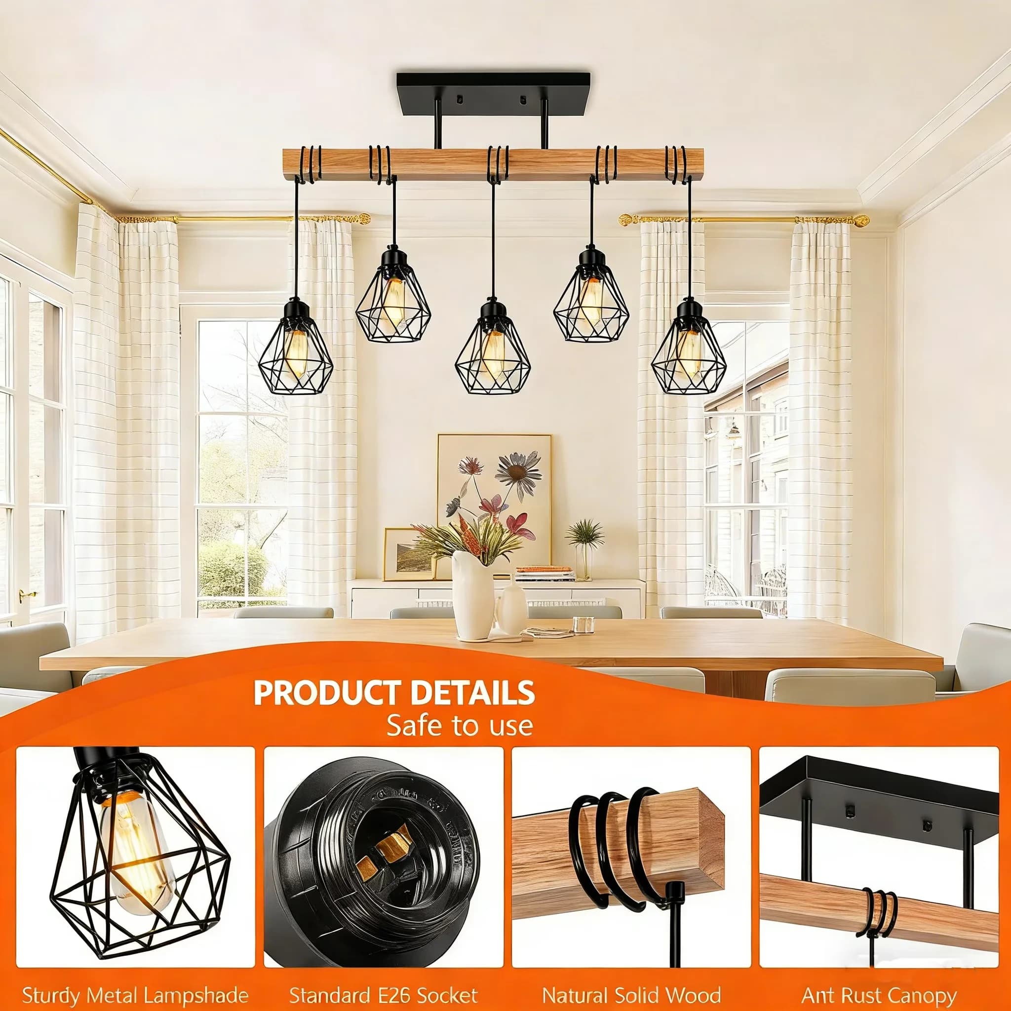 Premium Ceiling Lights Fixture with LED, Adjustable Height - Metal, Wood Black Model 786C8A