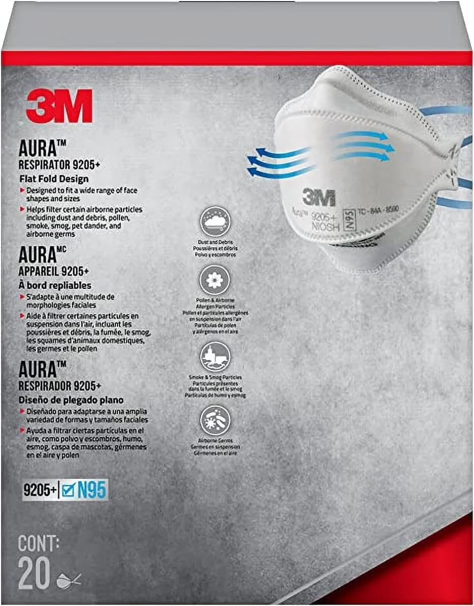 Stylish Protective Equipment with 20 Pack, N95 Aura Particulate Respirator 9205+ - Polypropylene Adult Model 448E4D