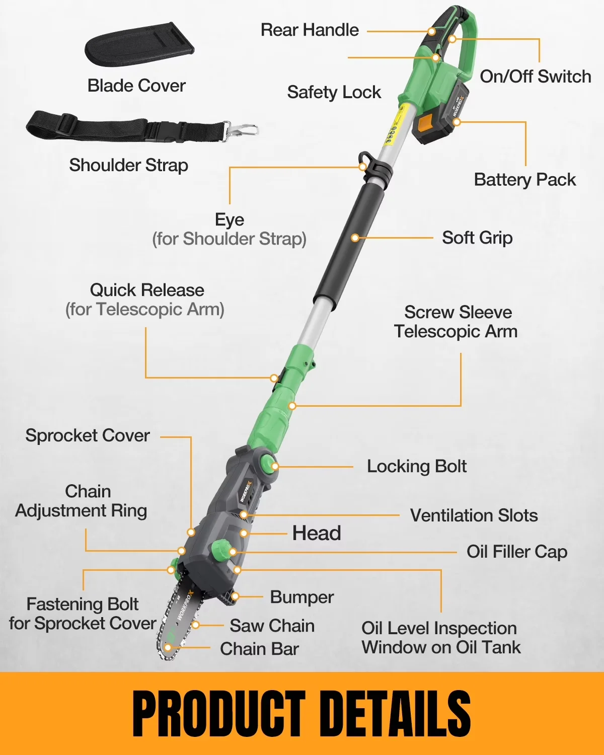 Sleek Pole Saw with Battery, 20V, Quick Charge 3.0 - Green - Easy to Use Model A09668