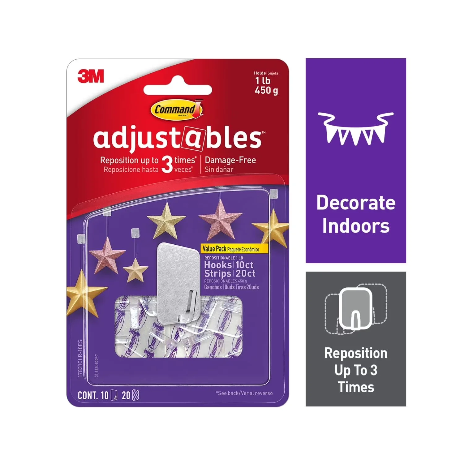 Professional Damage-Free Hanging with Wall-Mountable, Adjustable Repositionable Hooks - Clear Plastic Model A826FC