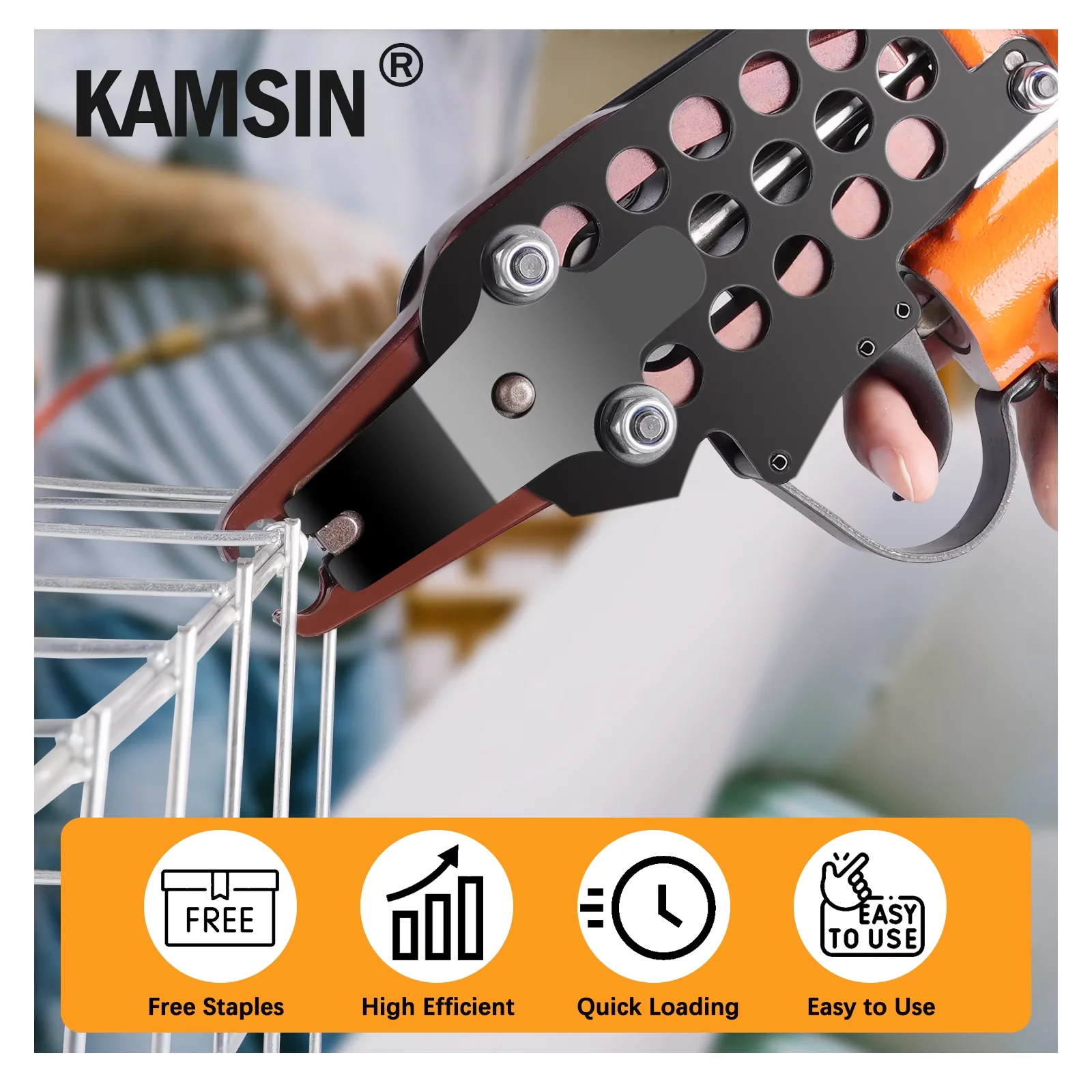Sleek Air Tools Compressor with Lighted, 3/4'' Crown Professional C Ring Gun, K-SC7E 15 GA Pneumatic Hog Ring Tool - Orange Model E14536