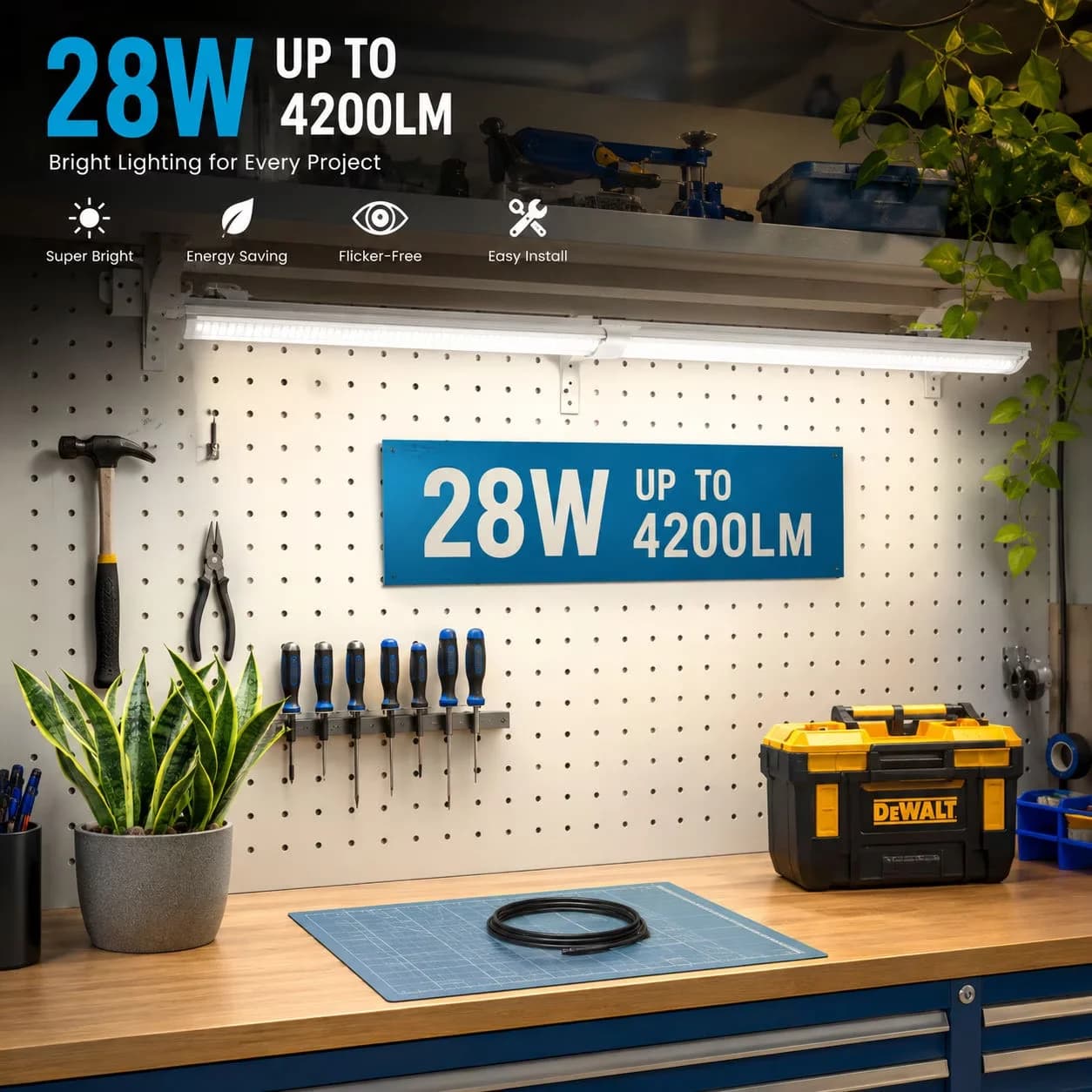 Modern Garage Storage Supply with LED, 28W, Energy Efficient - White 2' Model 85E930