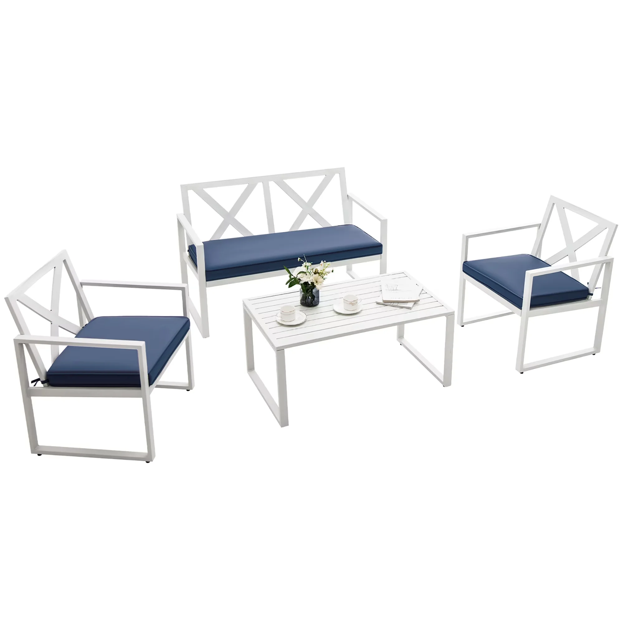 Classic Patio Dining Set with White/Blue, Conversation Sofa 4 Piece Steel, polyester sponge - Steel, Polyester, Sponge White/Navy Model 0E7F7A